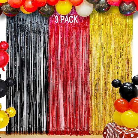 Mickey Birthday Backdrops - Pack of 3, Eye-Catching 3.2x8.2ft Red, Black, and...