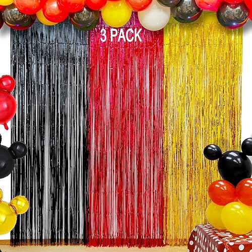 EUFARS Decoraciones de cumpleaños de Mickey  3 unidades de 3.2 x 8.2 pies de color rojo, negro y dorado con flecos de oropel para telón de fondo de