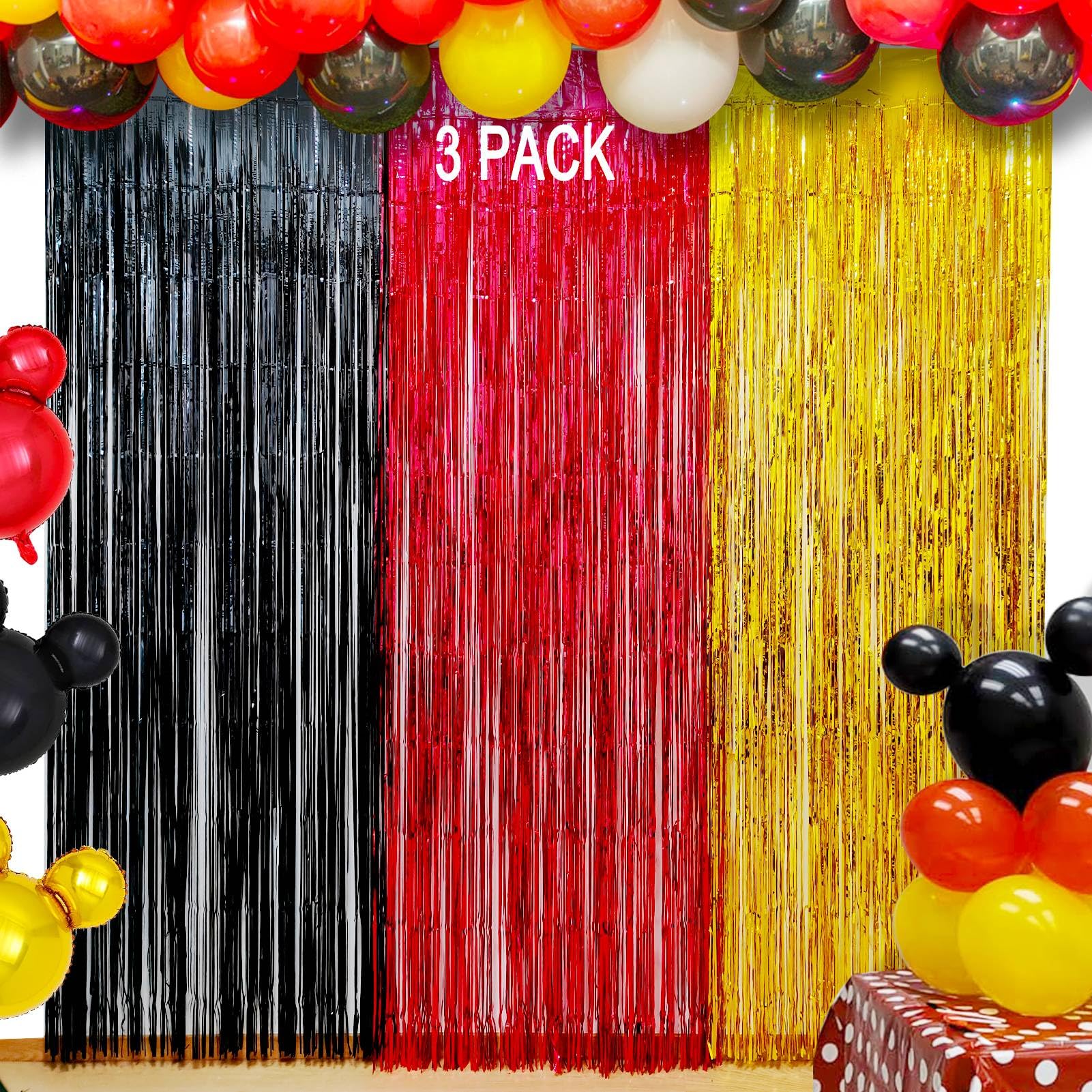 Party Backdrop Decorations - 3 Pack of 3.2x8.2ft Red Black Gold Tinsel Fringe Backdrop Streamers Curtains for Red Black Gold Party Photo Booth Prop Backdrop