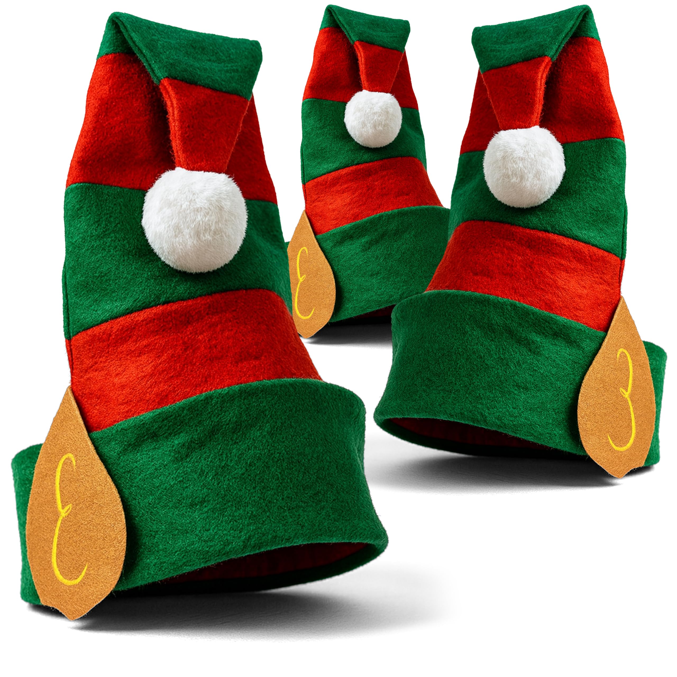 VINCAM 3 Pack Elf Hats with Ears – Festive Red & Green Striped Christmas Hats with Pom Pom – Holiday Party Costume Accessories