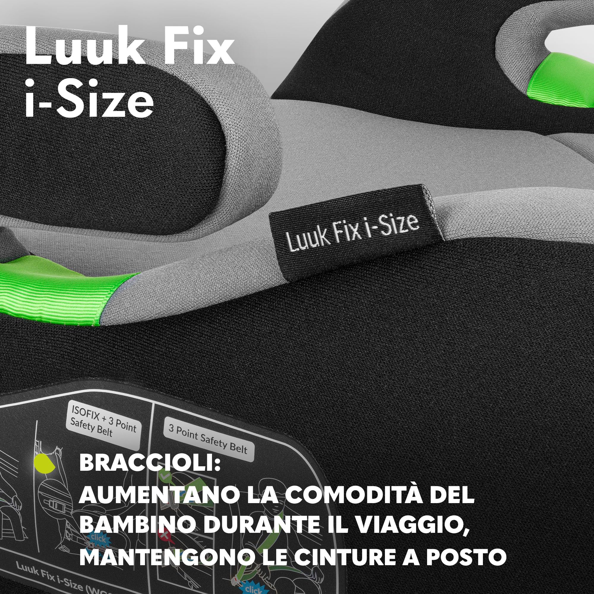 LIONELO Seggiolino Auto Rialzo LUUK FIX I-Size con ISOFIX per bambini 125-150cm / 22-36kg Leggero, Indicatori Installazione, Schiuma Confortevole, Rivestimento Traspirante Lavabile, Braccioli, Leggero