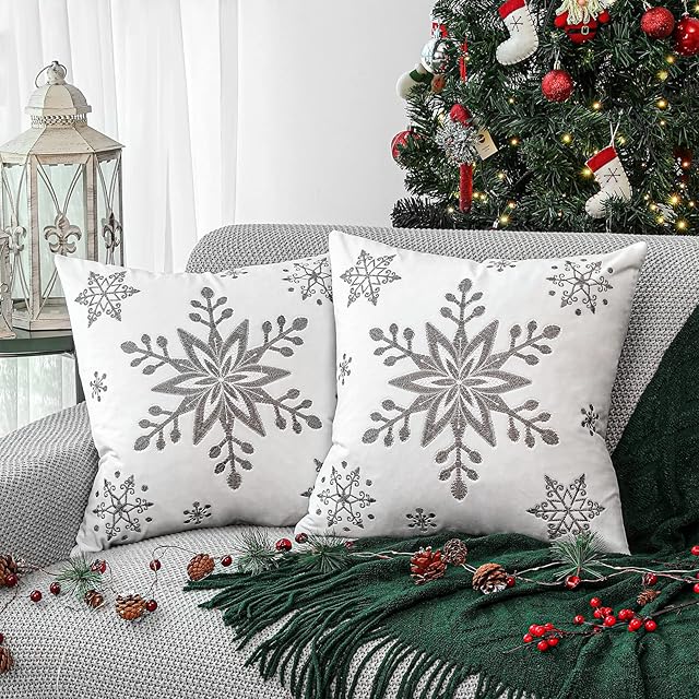 Lewondr White Snowflake Pillow Covers 18x18 Christmas Throw Pillow Covers Set of 2 Soft Velvet Embroidery Cushion Cover Winter Holiday Decor for Bed Sofa Chair Home Xmas decoration