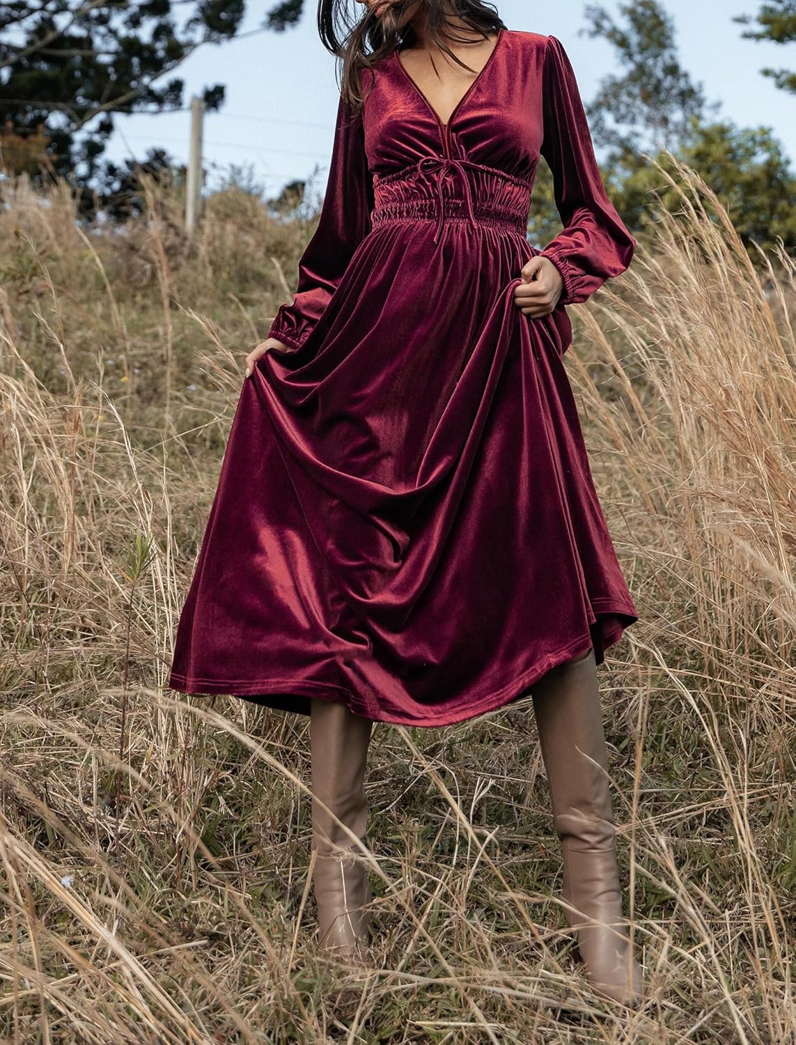 ZAFUL Womens Long Sleeve Velvet Dress 2025 Fall V Neck Holiday Cocktail Party Semi Formal Midi Dresses for Wedding Guest - Image 6