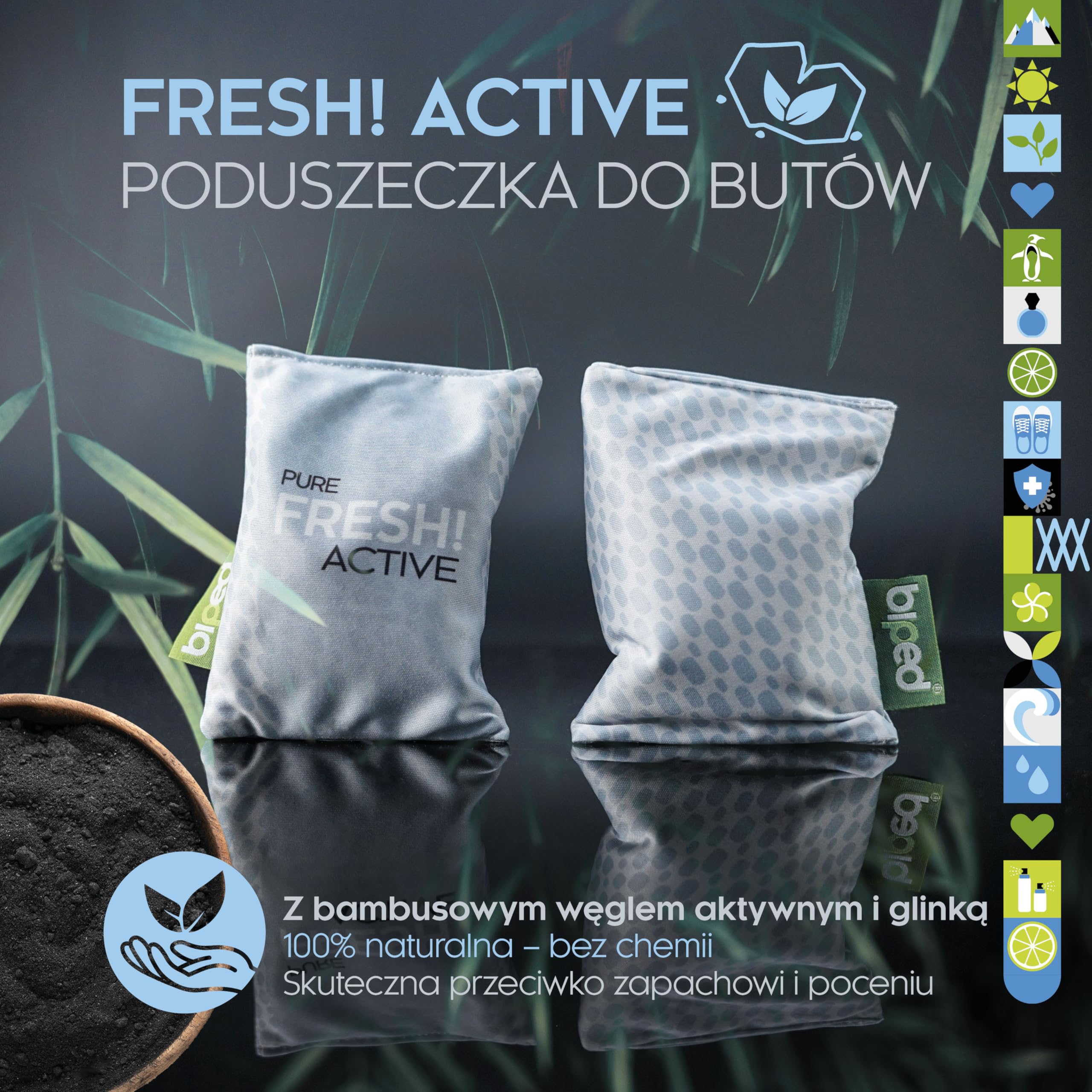 biped FRESH! ACTIVE – dezodorant do butów z bambusowym węglem aktywnym – poduszka zapachowa lub wersja PURE bez olejków – ogranicza pot i nieprzyjemny zapach, działa osuszająco z2926(PURE)