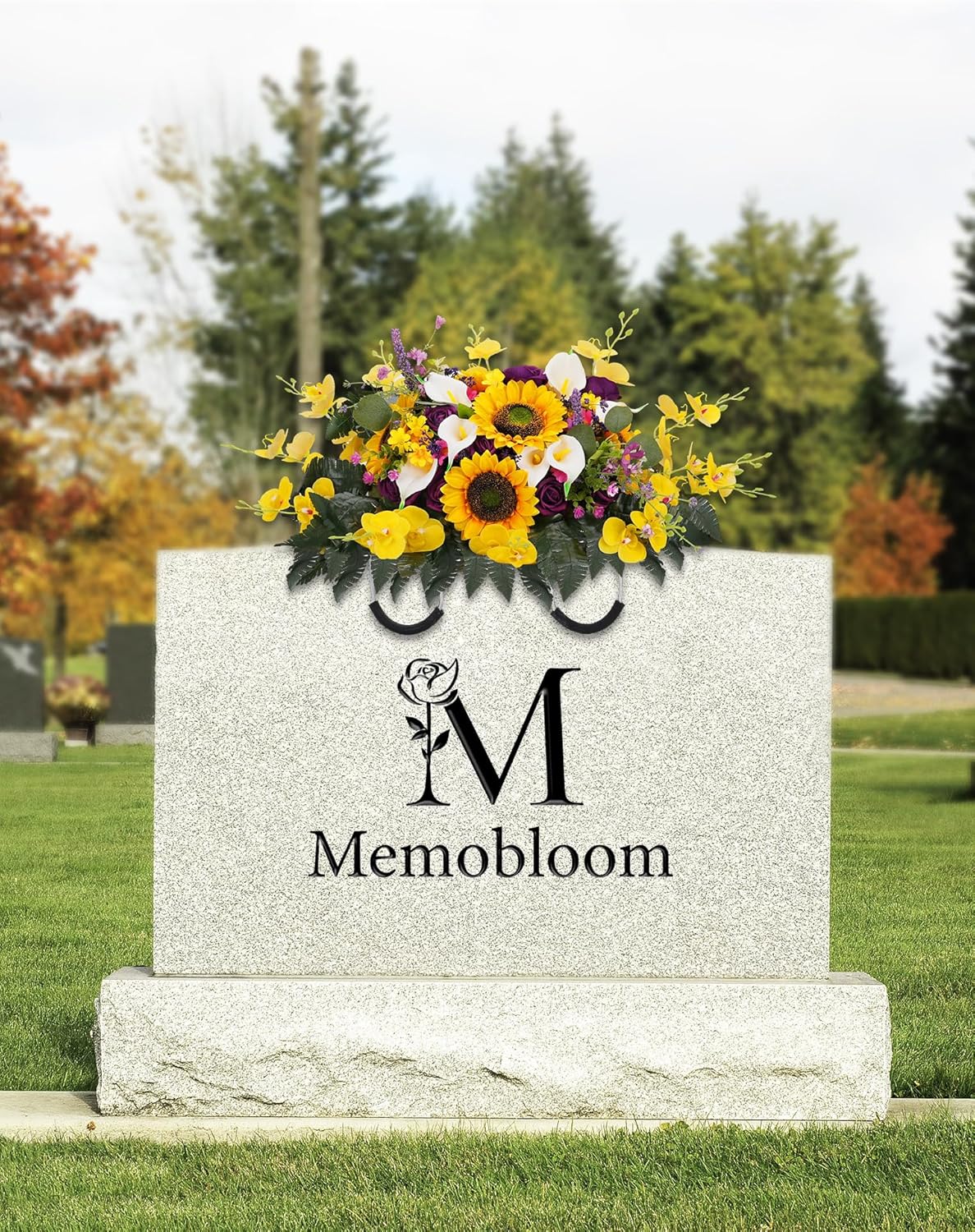 Artificial Headstone Flower Saddle: Rose Sunflower Cemetery Flowers for Grave - Outdoor Grave Decorations for Cemetery Saddles for Headstones - Spring Memorial Gift for Loved One