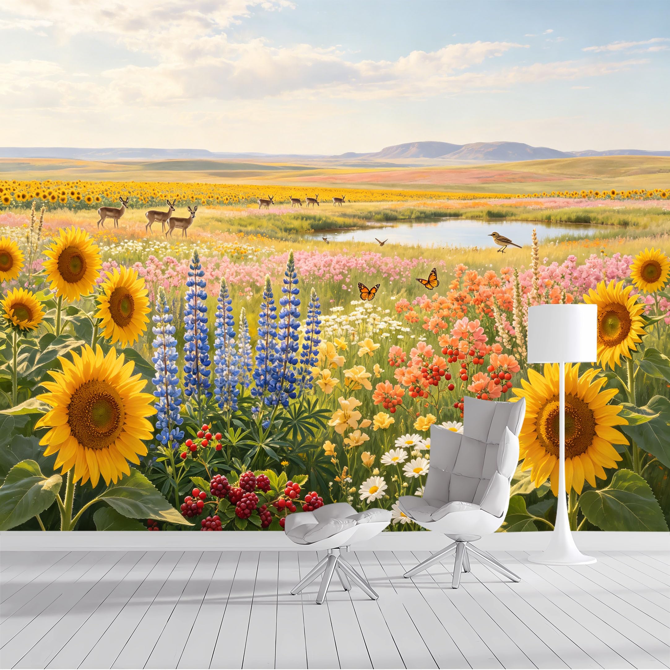 Custom Size Wall Mural Sunflower Field Landscape Deer Butterflies Floral Watercolor Wallpaper SelfAdhesive Wall Fabric Removable Peel and Stick Wallpaper for Living Room Bedroom Bathroom