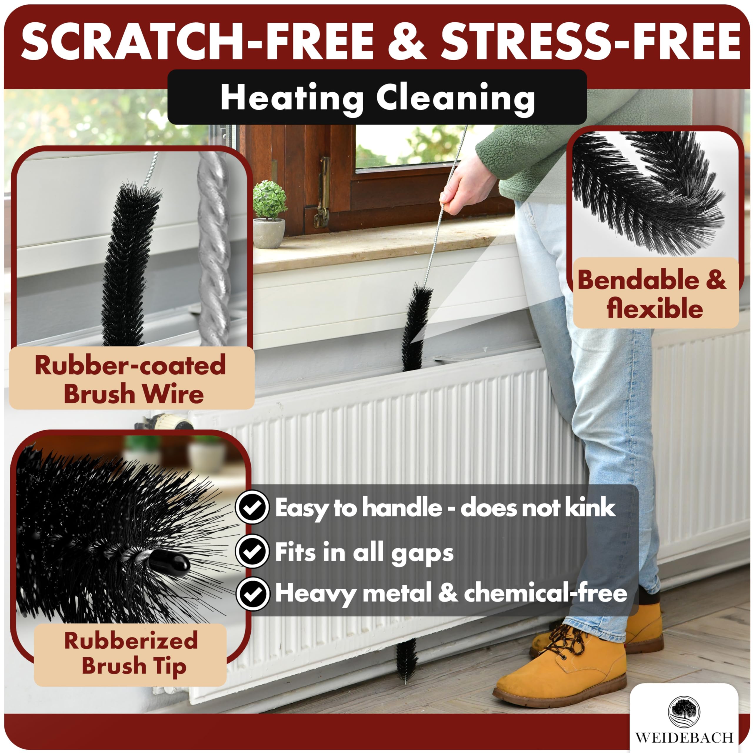 Weidebach® Radiator Bristle 36in / 16in Long, Nylon Bristle, Radiator Cleaning Brush Animal Hair-Free Bristle, Radiator Brush - Image 2