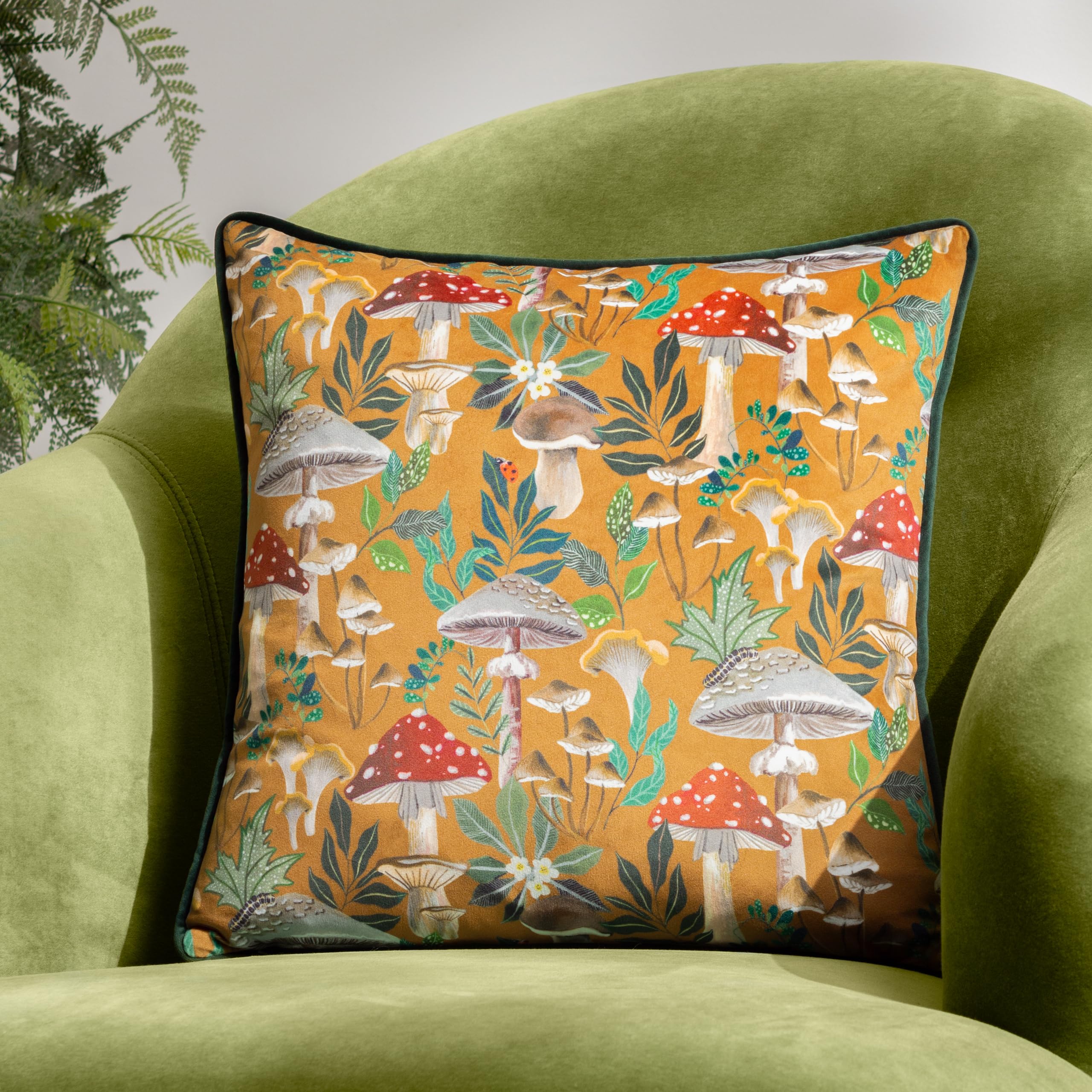 furn. Wylder Wild Garden Mushroom Repeat Velvet Piped Feather Rich Filled Cushion