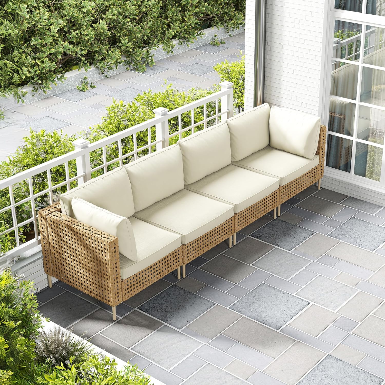 LHBcraft Patio Furniture Set, Large 7 Piece Wicker Outdoor Sectional Furniture Set with Coffee Table, Patio Conversation Sets Sofa, Hand Knitting, All-Weather Cushions for Backyard, Porch, Beige