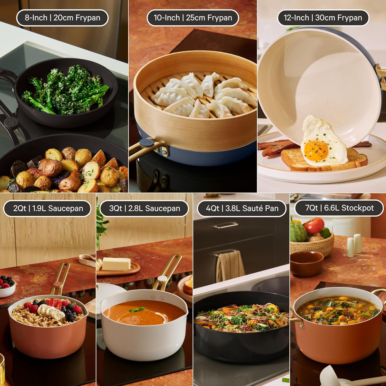 Our Place 17-Piece Essentials Complete Cookware Set - Ceramic Fry Pans, Saucepans, Sauté Pan, Stock Pot, Strainer Basket & Modular Storage | Thermakind™ Nonstick, Oven Safe up to 450°F | Char - Image 6
