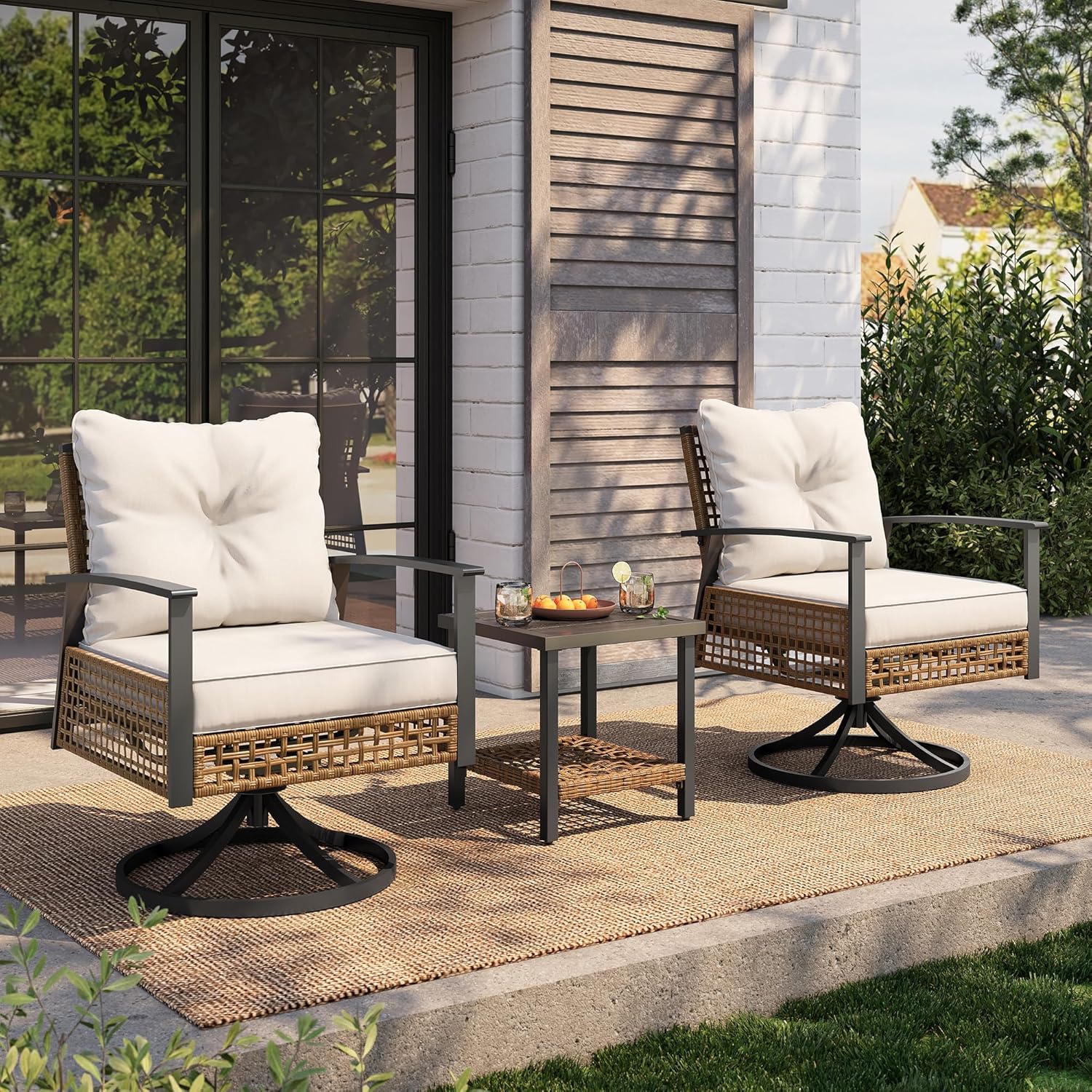 3 Piece Wicker Swivel Rocking Chair Set, Beige Floral Rattan Weave Patio Furniture, Indoor Outdoor Use for Porch, Backyard & Balcony with 2 Rocking Chairs & 1 Side Table