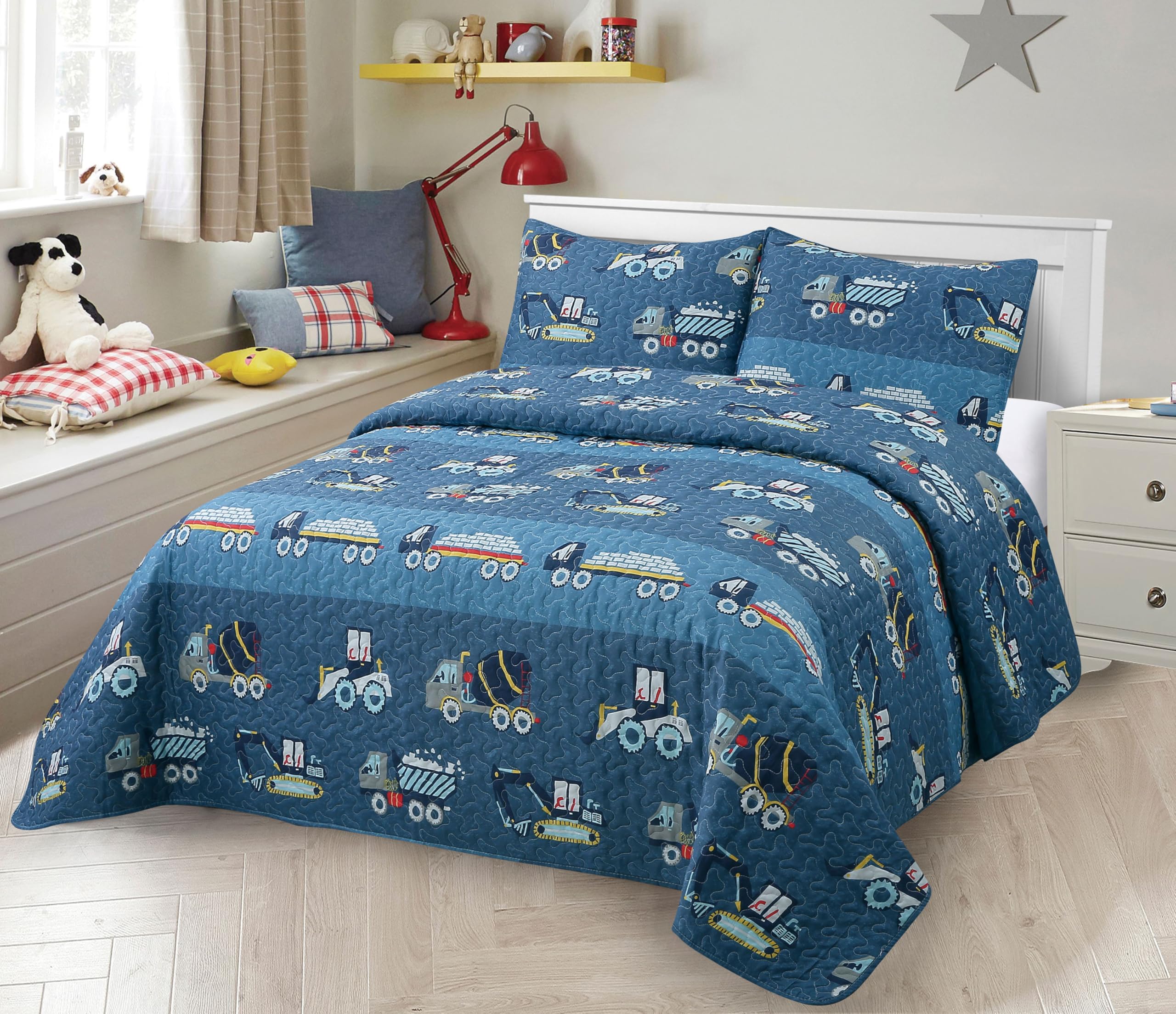 Product Image Kids Zone Collection Bedspread Set Kids/Teen Construction Vehicles Quilted Bedding Set Trucks and Tractors Pattern Blue Twin New #