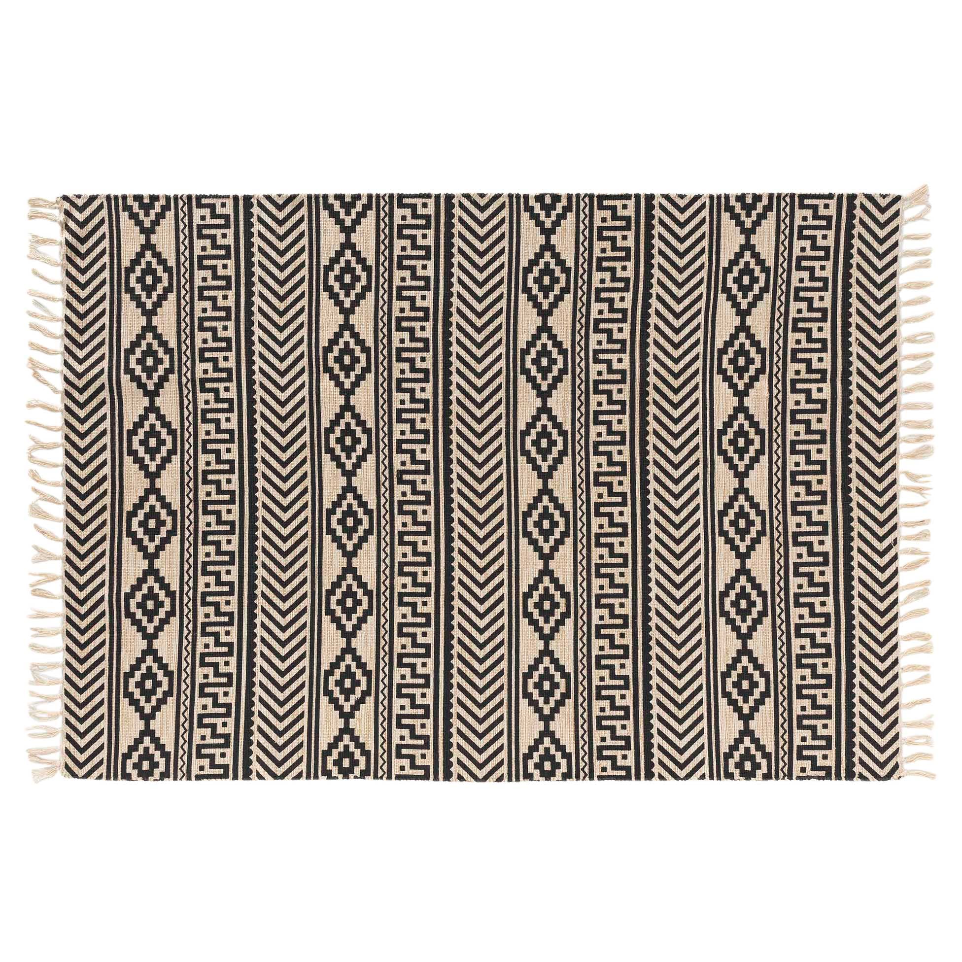 Douceur d'intérieur, Tapis Rectangle à Franges (120 x 170 cm) Manille Noir, Coton & Jute Imprimé