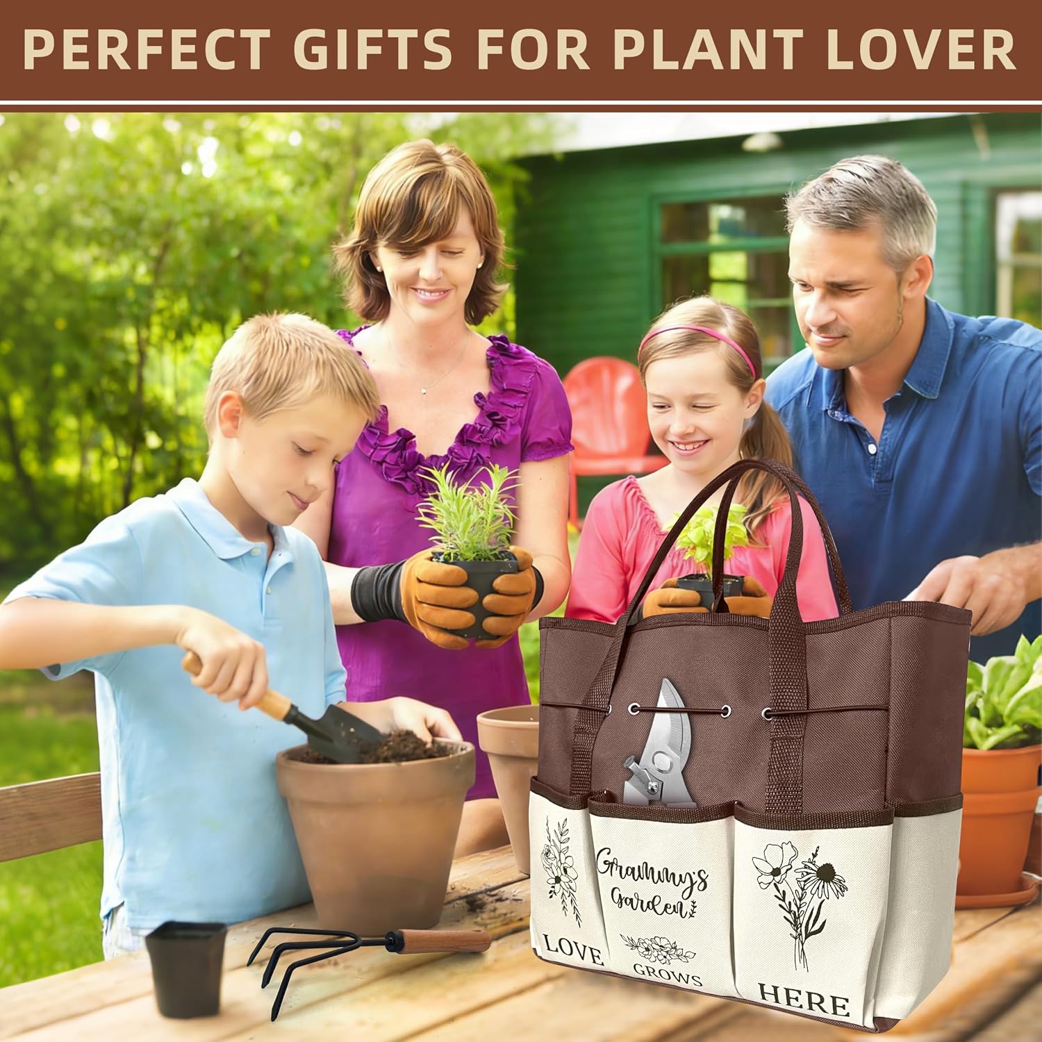 Grammy Gifts, Garden Kit Gifts for Grammy Mothers Day from Grandkids Gardening Tools and Durable Garden Tools Organizer Tote, Ideal Gardening Set for Women on Plant Lover Birthday Present Brown