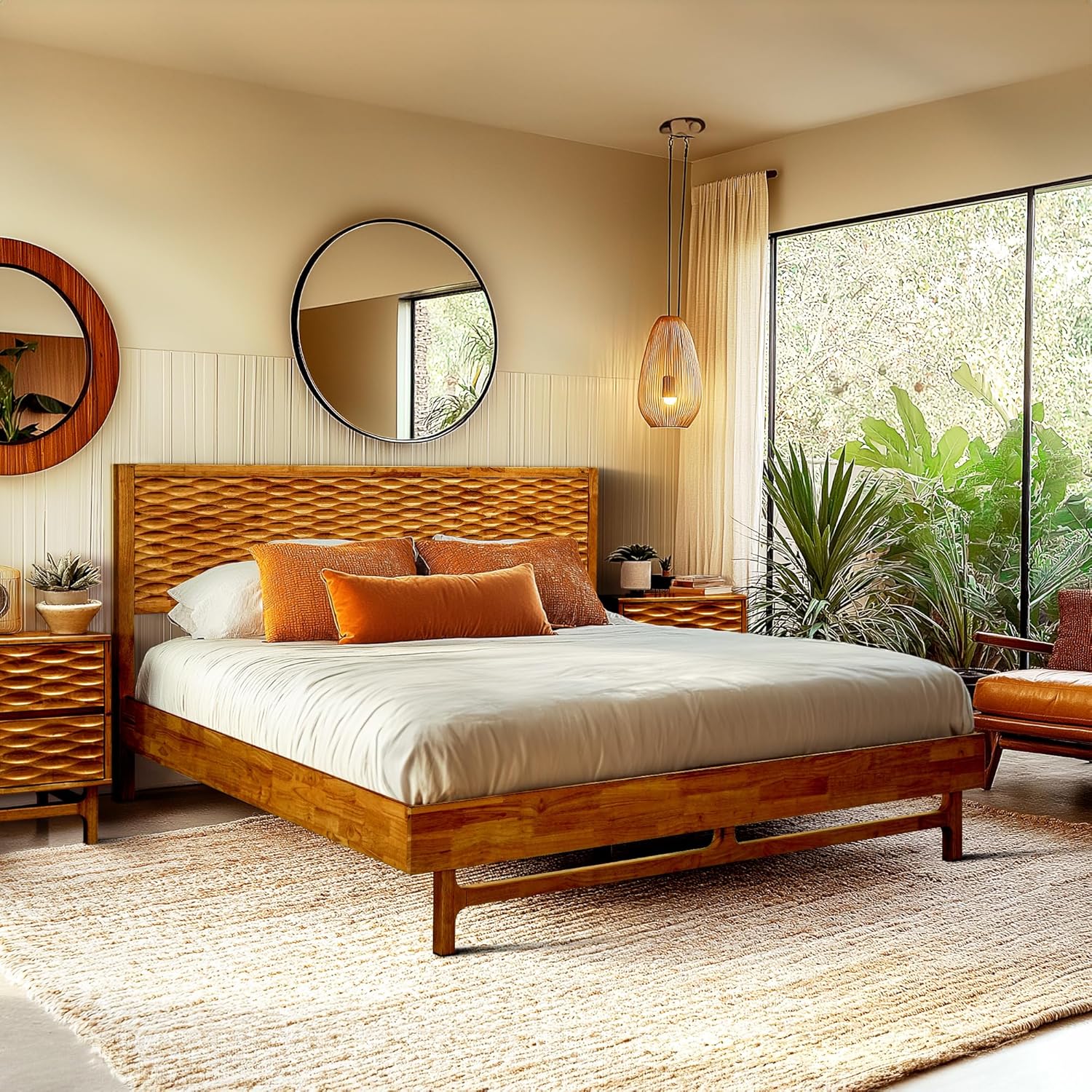 Acacia Elara King Platform Bed Frame – Mid-Century Modern Style, Carved Headboard, Solid Wood, Caramel Finish, No Box Spring, 800lbs Support, Easy Assembly with Tools Included