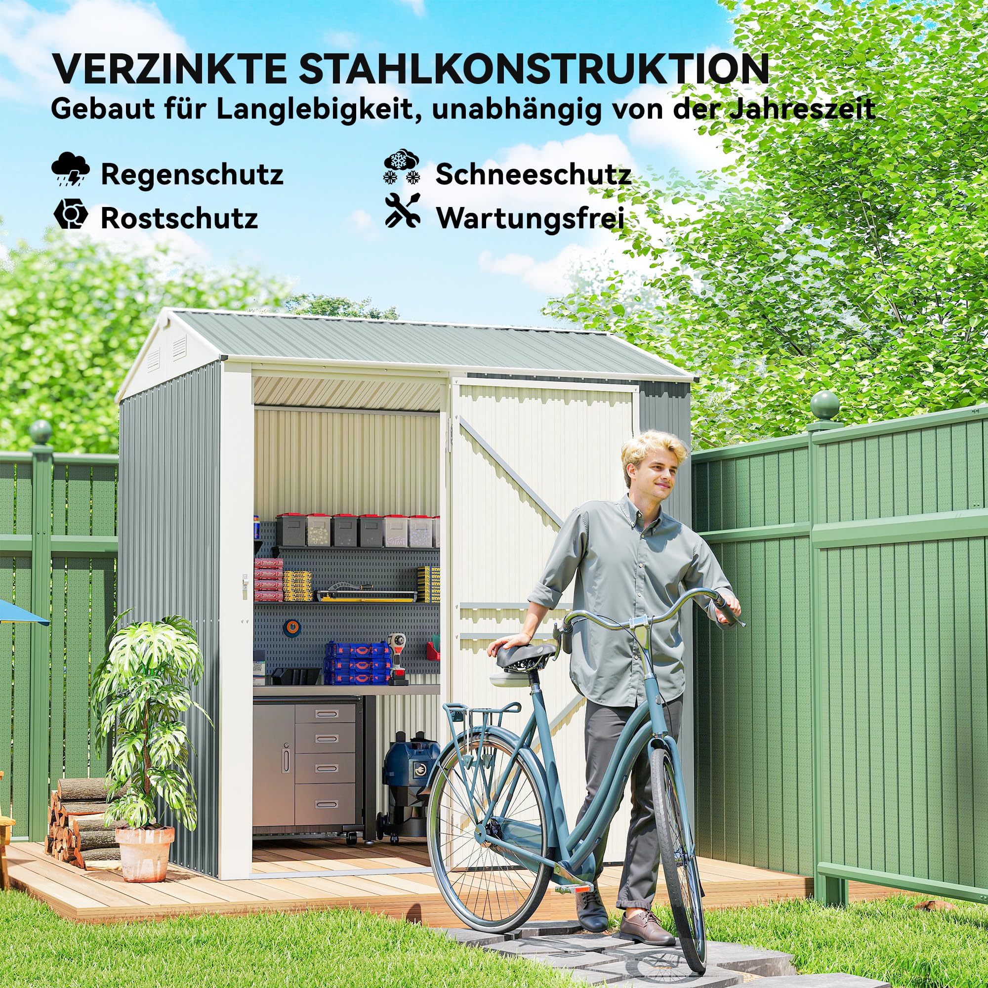 Outsunny Metalowy Domek Ogrodowy 3,5 m², Wysoki Zamykany Schowek z Pochyłym Dachem, Wentylacją i Rękawicami, 209 x 177 x 236 cm, Jasnoszary