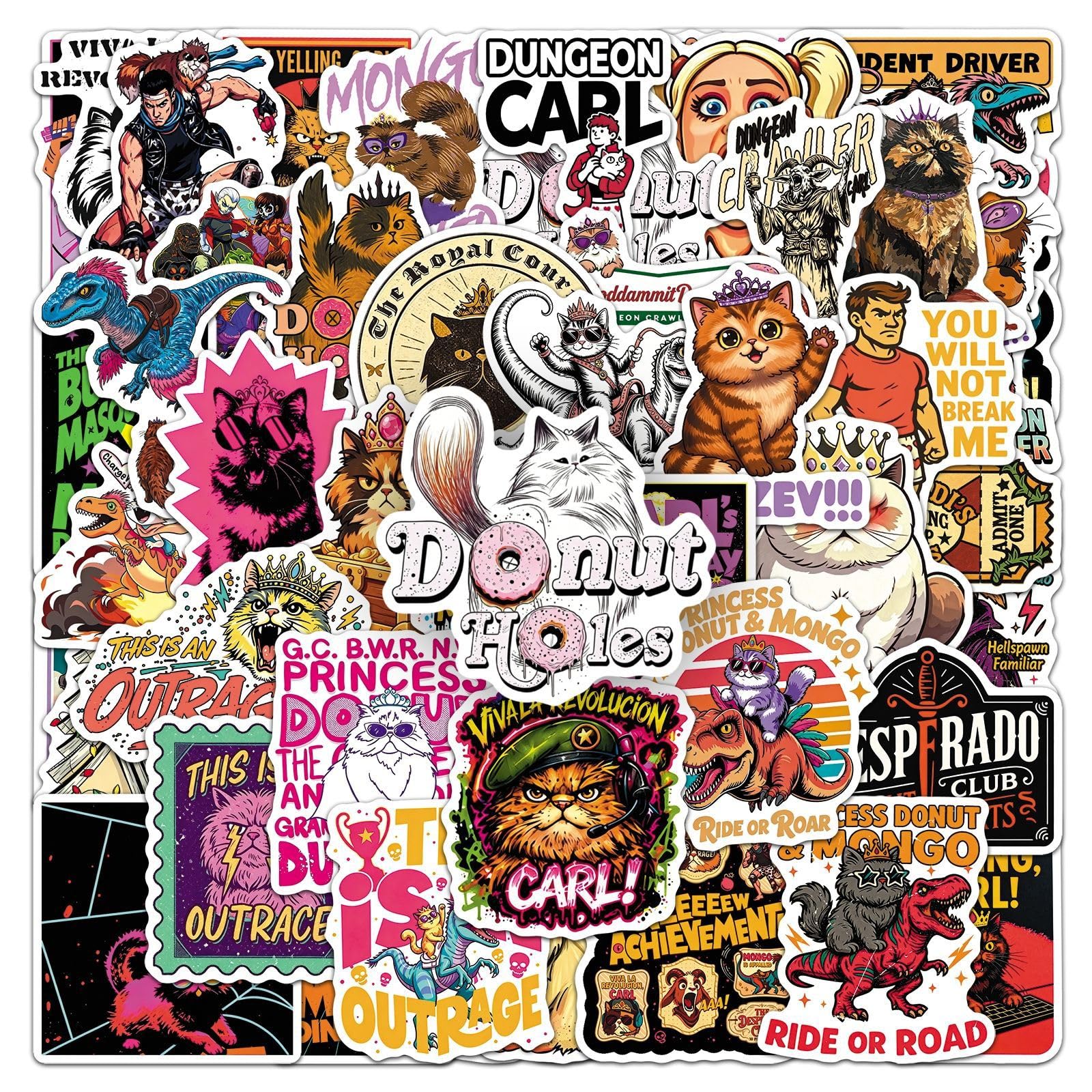 Pack of 50 Funny Meme Cat Dino Vinyl Stickers Waterproof Self Adhesive