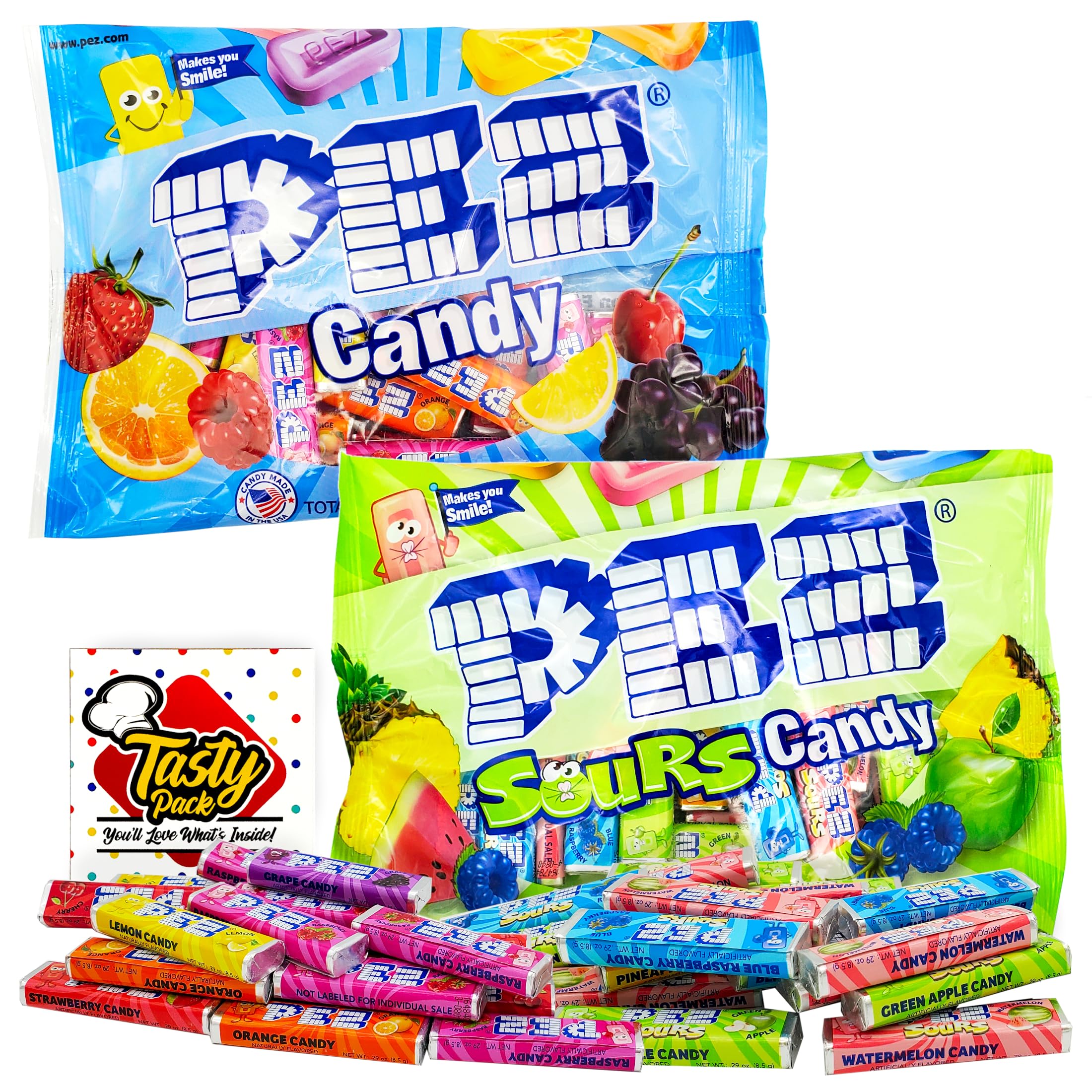 Pez Candy Bulk Refills Assorted Fruit Flavored and Sour Flavored Candy Rolls 11 oz Bags, 2 Pack with TastyPack Magnet