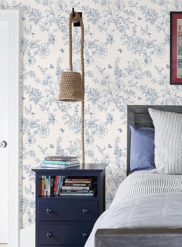 Miniatura 5 de Papel tapiz floral blanco crema y azul, papel tapiz autoadhesivo de 17.7 x 196.8 pulgadas, papel de contacto autoadhesivo bohemio extraíble para