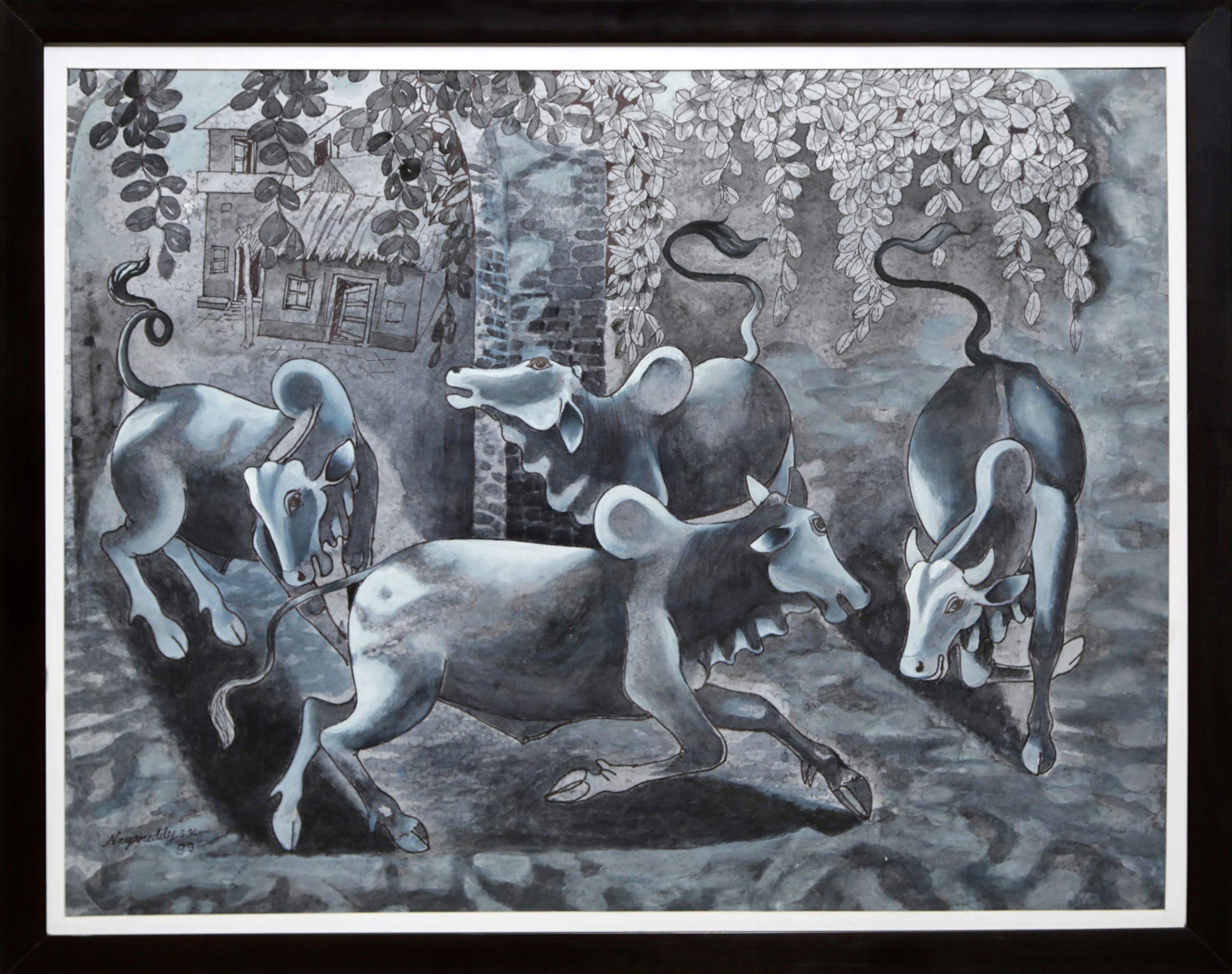 Joyfull Bulls (Pen And Pencil Painting By Naga Reddy)