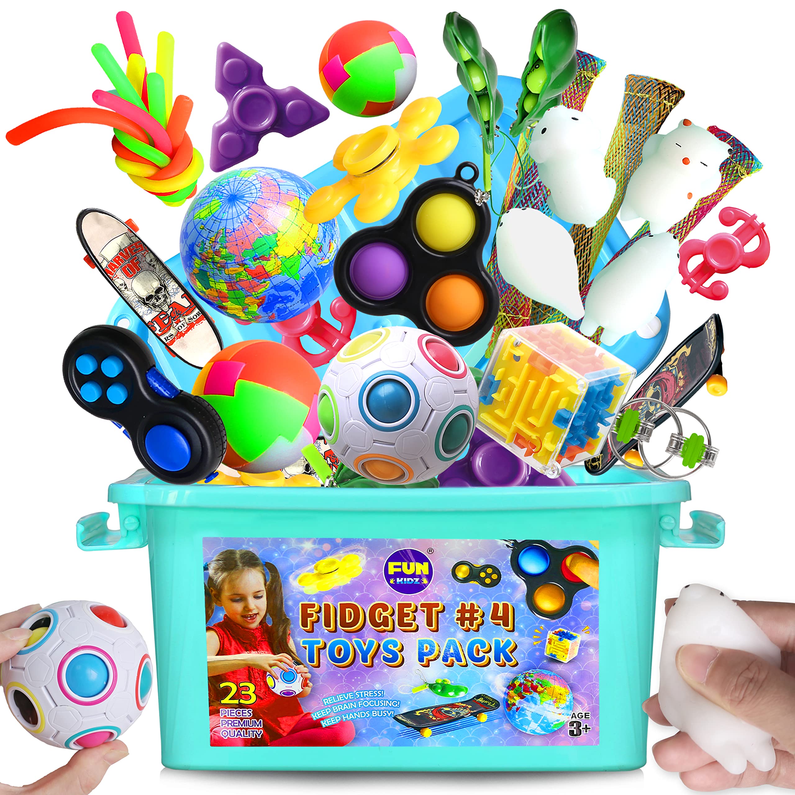 Fidget Toys Box for Girls Boys, FunKidz Fidget Pack for Kids Ages 10-12 Bundle with Simple Dimple Puzzle Ball Mochi Pets in Gift Portable Storage Box