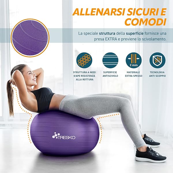 TRESKO Palla Fitness, Palla Pilates Anti-Scoppio 55cm/65cm/75cm/85cm Palla da Ginnastica con Pompa Rapida per Fitness Yoga e Pilates - 4