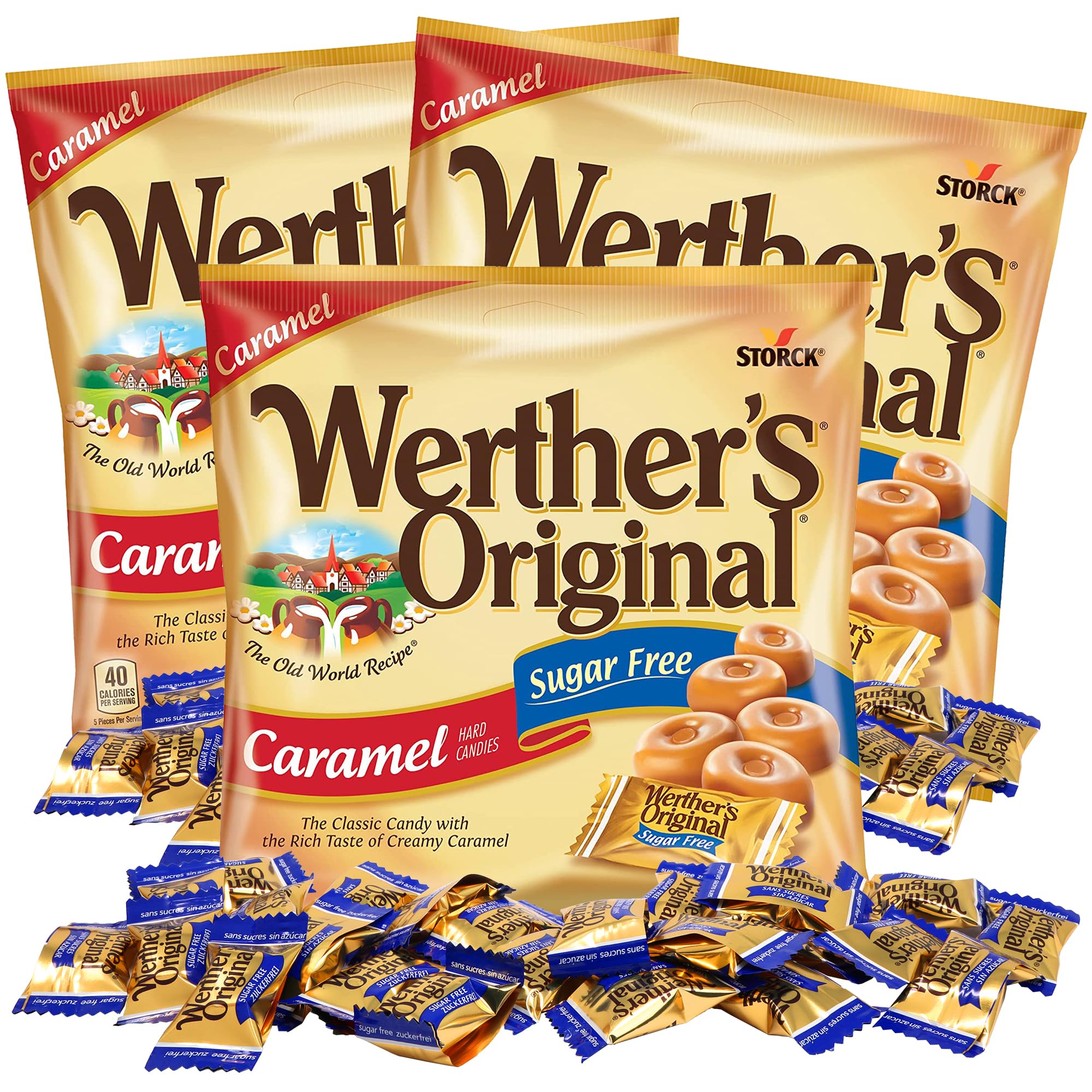 Werther's Original Caramel Sugar Free Hard Candies, Individually Wrapped Snacks for Adults, Gift Basket Stuffers, Pack of 3, 1.46 Ounces