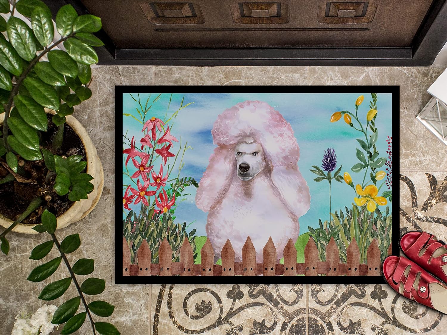 Caroline's Treasures CK1279JMAT White Standard Poodle Spring Doormat 24x36 Front Door Mat Indoor Outdoor Rugs for Entryway, Non Slip Washable Low Pile, 24H X 36W