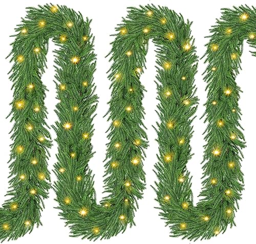 Miniatura 2 de Paquete de 2 guirnaldas de pino Norfolk preiluminadas con luces, guirnalda de Navidad artificial para escaleras, manto, pared, mesa, decoración