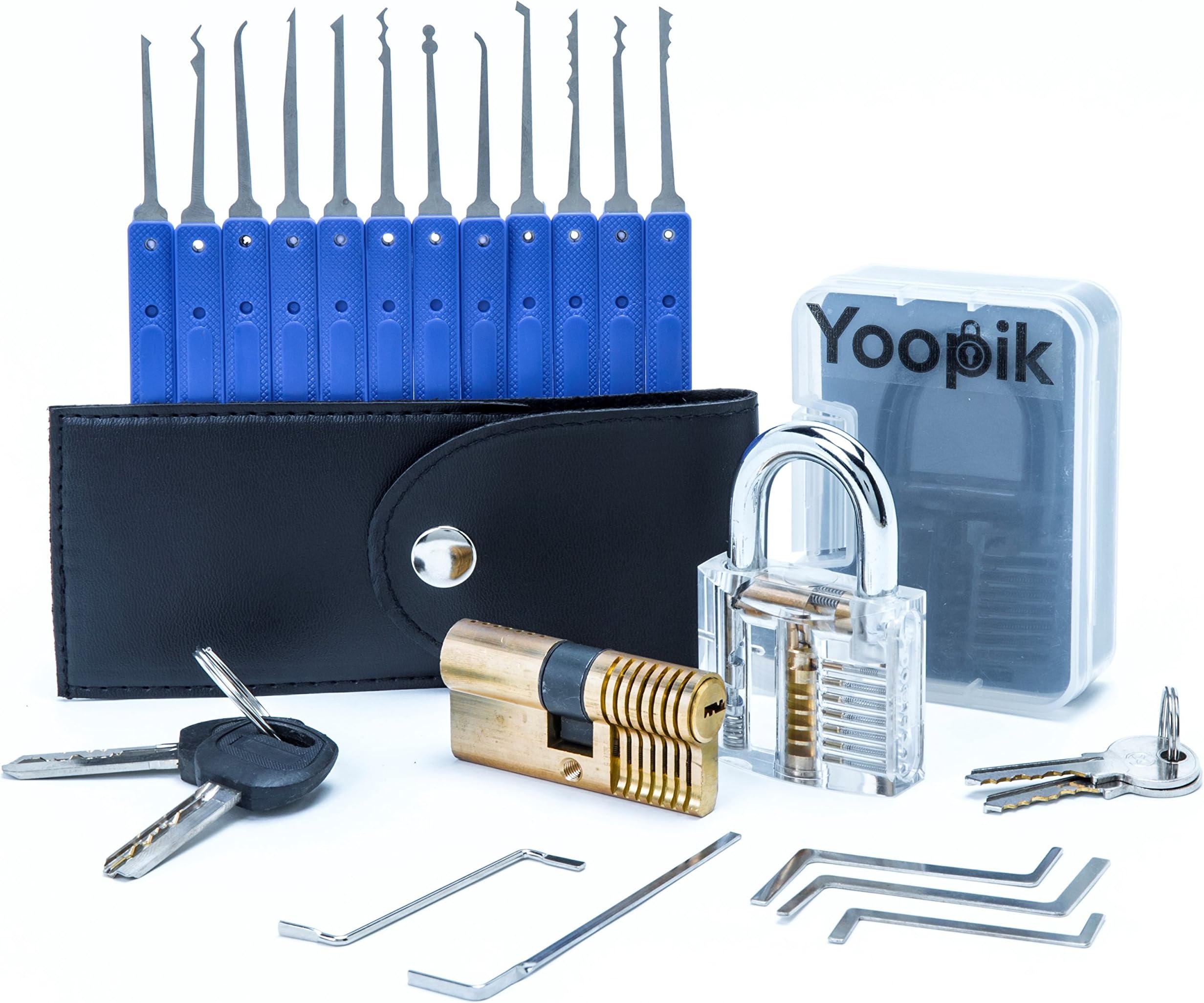 Yoopik Lock Picking Set 17 Pieces with Clear Transparent Padlock and Euro Cylinder for Lockpicking Training and Practice, a Carrying Pouch and Ebook Guide