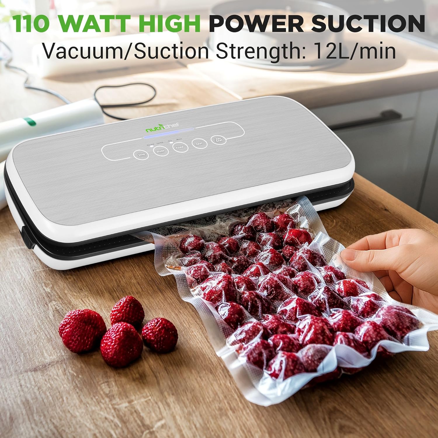 NutriChef Automatic Food Vacuum Sealer, Electric Air Sealing Preserver System for Dry and Moist Foods, LED Control, Strong Suction, Includes Bags, Wine Stopper Cork, and Air Suction Hose, 14”x6”x3” - Image 2