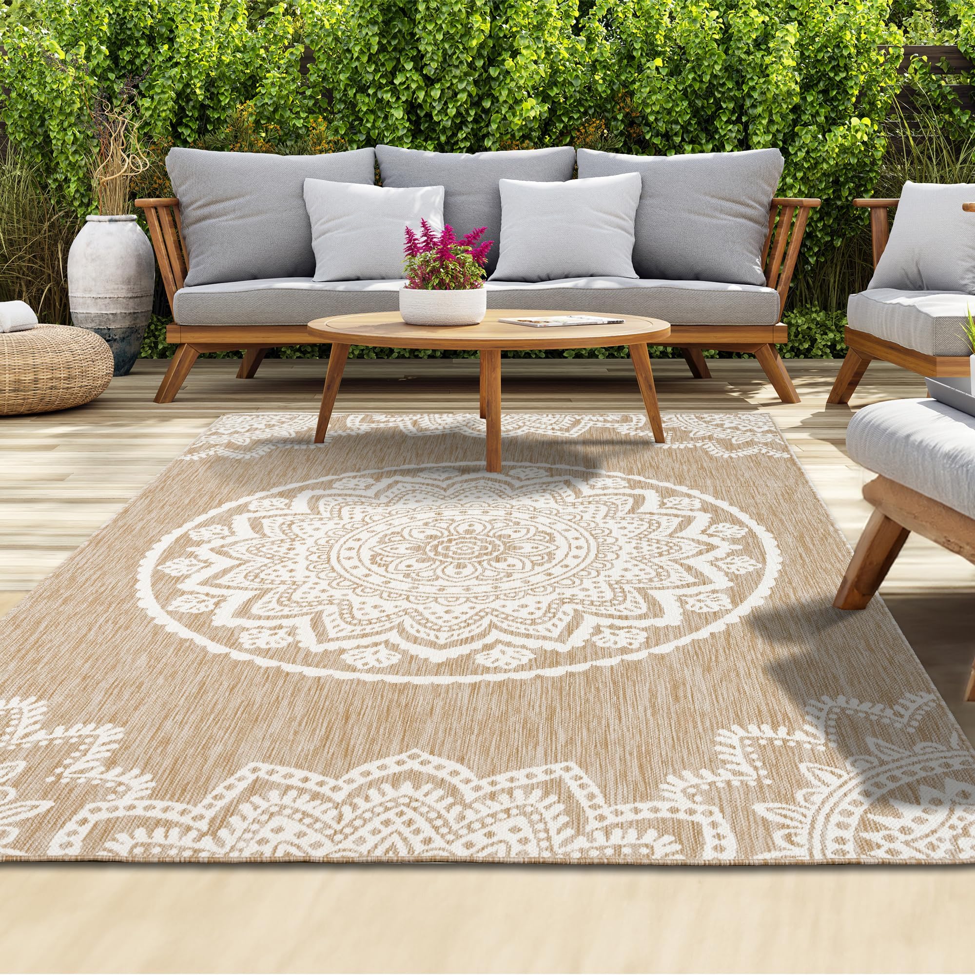 homeart Outdoor Rug - Easy-Clean, Durable, Stain-Resistant, Weather & UV Resistant Indoor & Outdoor Rugs for Porch, Deck, Balcony, Garden, Picnic and Patio | Mandala Natural, Cream - 200x290cm