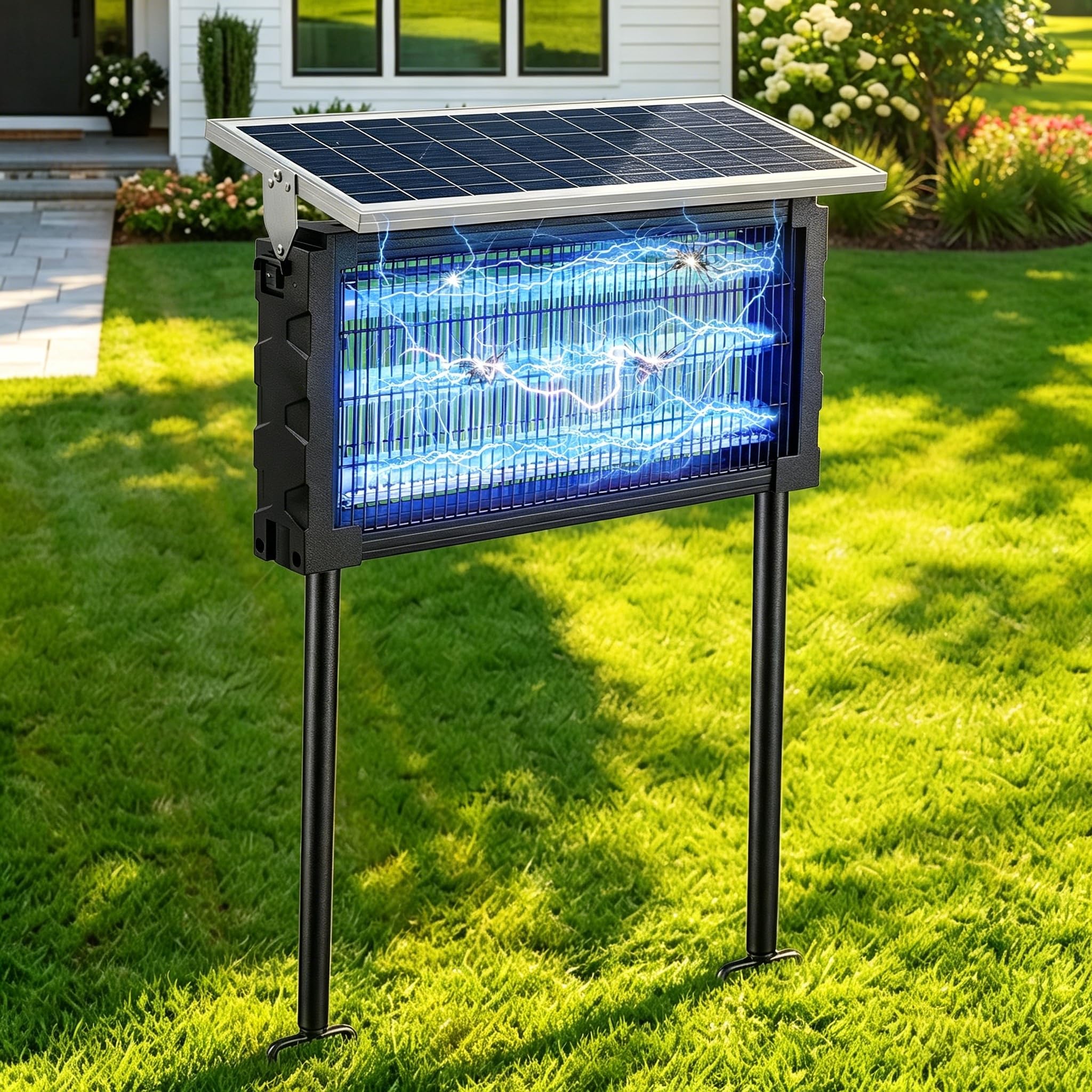2026 - Eliminador solar de mosquitos al aire libre, solar 4500 V, impermeable, trampa eléctrica para moscas con sensor de panel y exterminador de insectos para interiores, para el hogar, patio