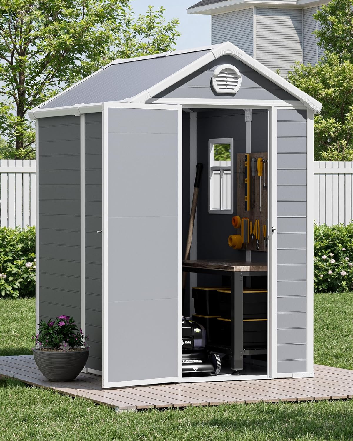 6x4.5 Large Outdoor Storage Shed with Floor, Spacious Tool Shed for Lawn Mower, Bike, and Patio Furniture, Includes Lockable Door and Ventilation, Aritic Light Gray