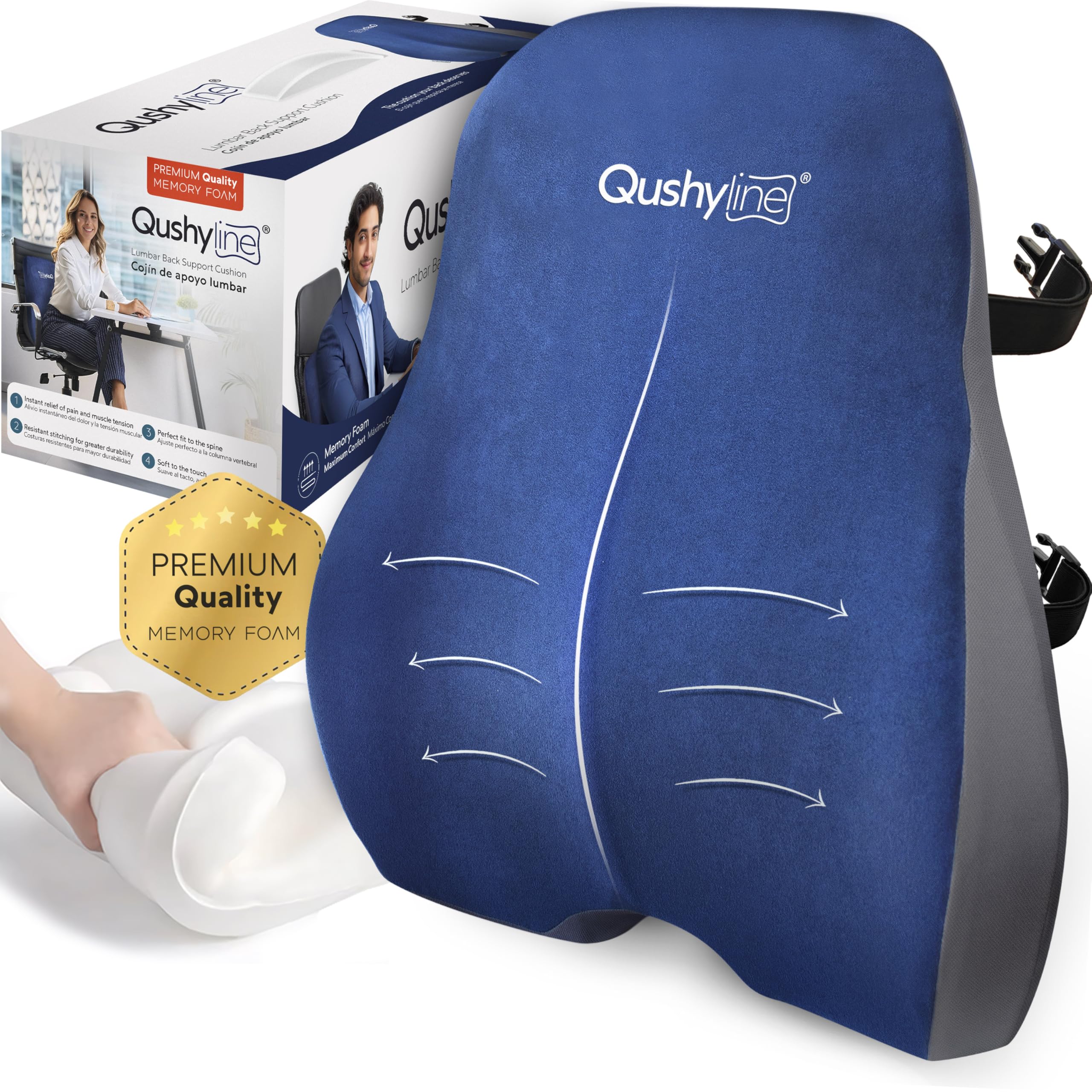 QushyLine Ergonomic Lumbar Office Chair, Relieves Pain Back, Lumbar Back Office Chair, Memory Foam Office Chair Cushion Backrest Car Seat Lumbar Pillow and Adjustable Straps