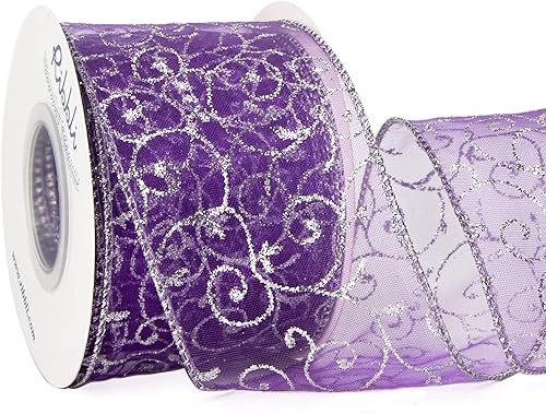 Miniatura 1 de Ribbli - Cinta con brillantina y con alambre, cinta de organza púrpura con patrón de espiral de brillantina plateada y borde metálico plateado, 2-12