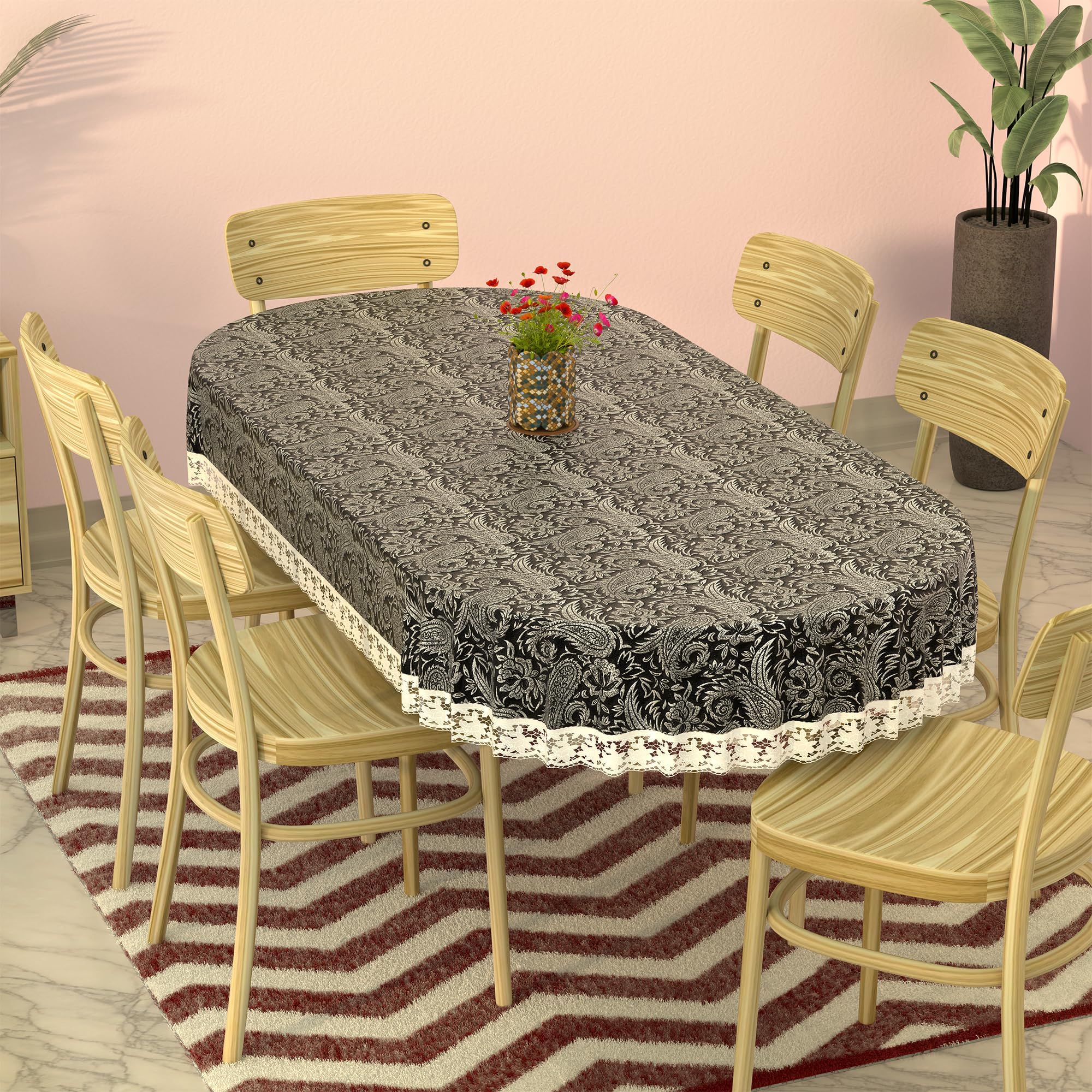 Kuber Industries 60x90 Inch - 6-Seater Oval Shape Dining Table Cover | Table Protector Table Sheet For Dining | PVC Waterproof Tablecloth for Dinner | Multi Floral - Black Silver