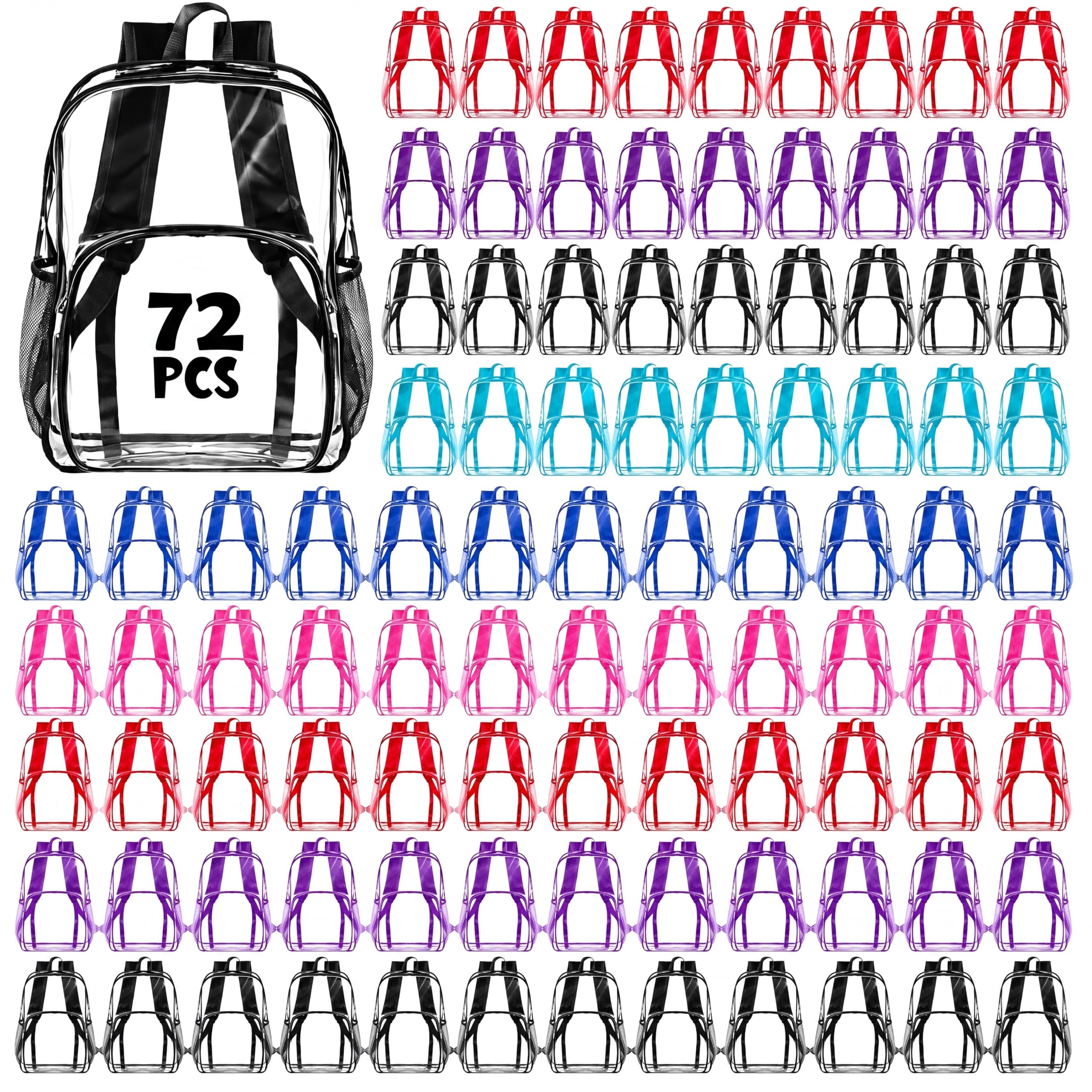 Amylove 72 Pcs Clear Backpack bulk for Stadium Events Heavy Duty PVC Transparent Bookbag for College Workplace Security (15 Inches,6 Colors)
