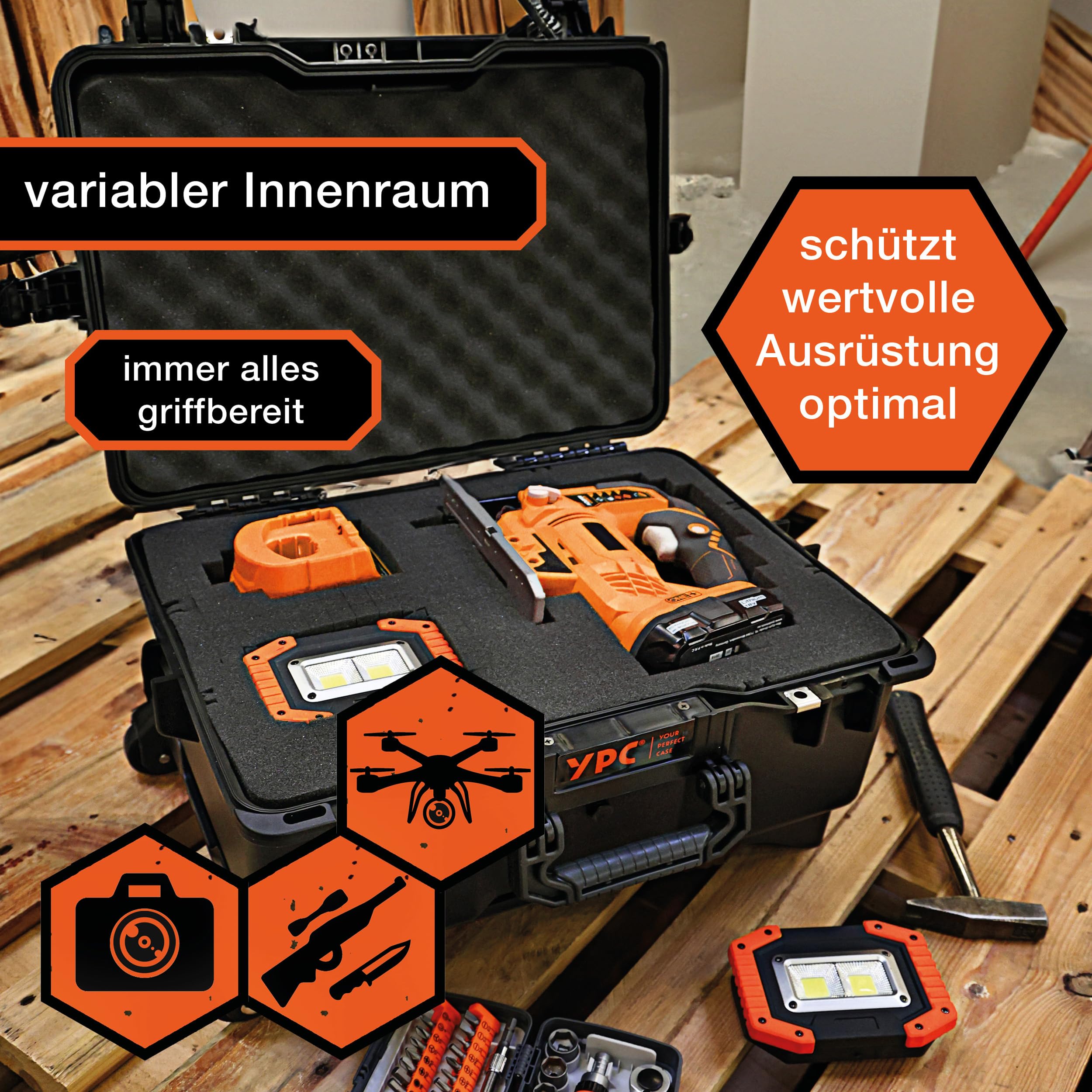 YPC Xplorer Case XXL – 53cm x 40cm x 28,5cm Trolley Outdoor Case, Fotokoffer Schaumstoff wasserdicht, Kamera Koffer Hardcase, Transportkoffer für Drohne, stapelbar