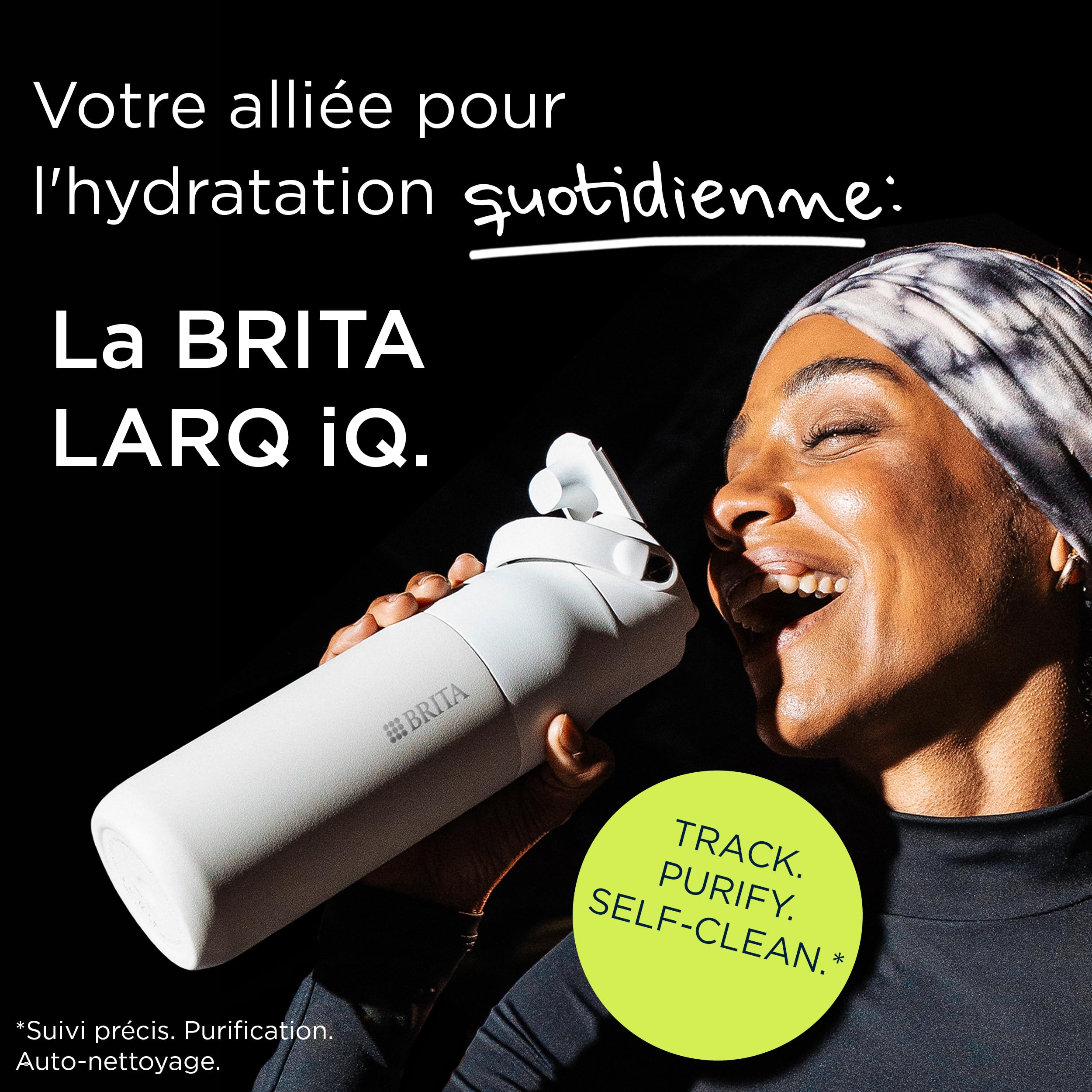 BRITA LARQ iQ gourde filtrante connectée noire 680 ml en inox, appli suivi hydratation, filtre charbon actif + LED UV-C, réduit jusqu’à 99,99% des bactéries, PFAS et micro-impuretés.