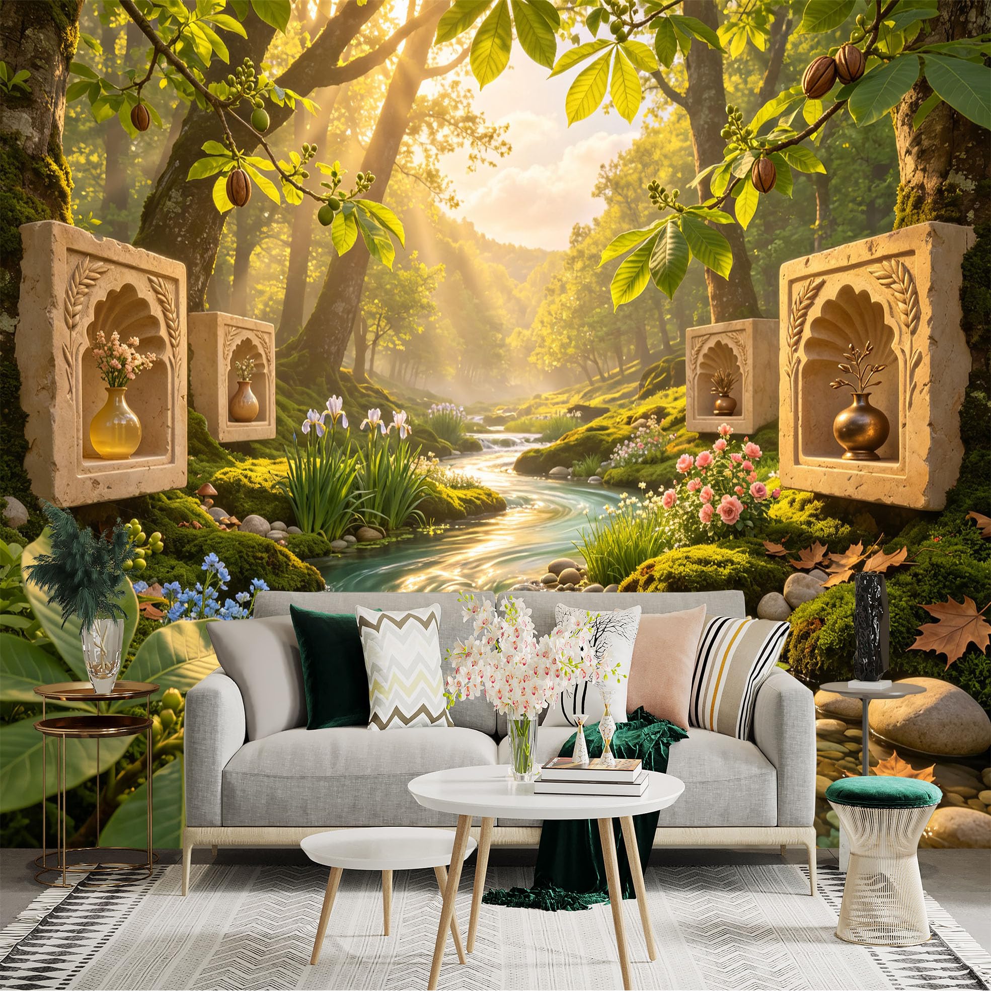 Lnzczhyre Bh260719398 Custom Size Wall Sticker Mural， Enchanted Forest Stream， Sunlit Woodland Scenery， Stone Niche Vases， Serene Nature Landscape， For Wall Decoration， Peelandstick Wall Decals.