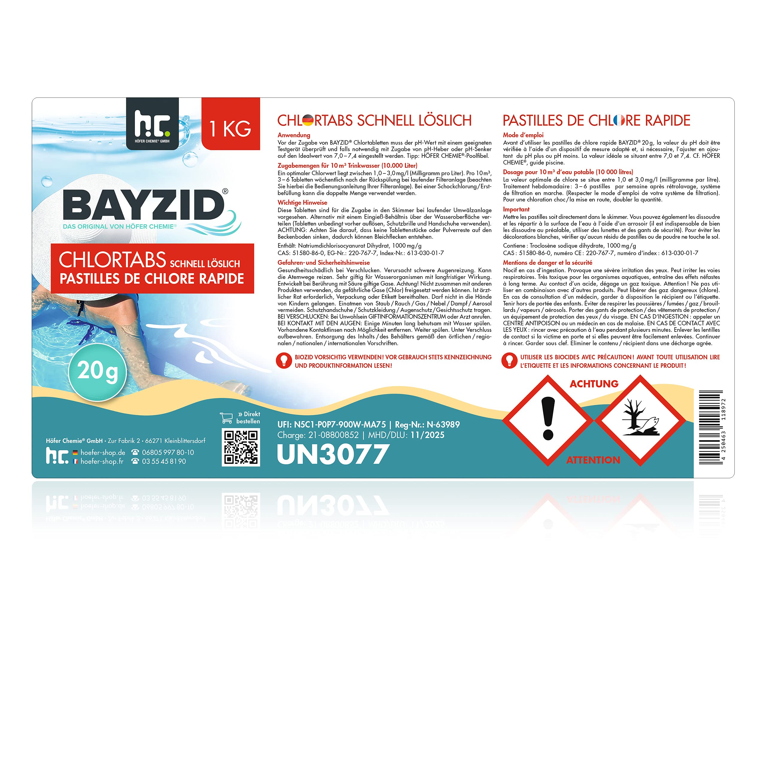 1 kg Pool Chlor Tabletten 20g BAYZID schnell löslich mit 56% Aktivchlorgehalt für Pool & Schwimmbad