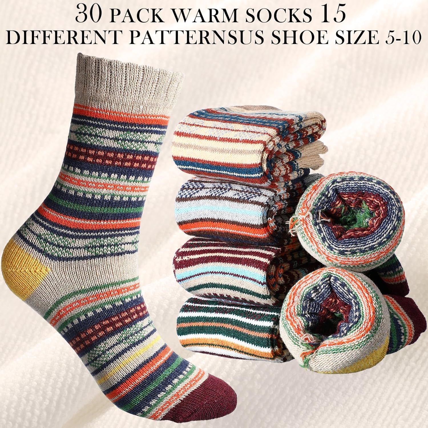 Vabean 30 Pairs Women's Wool Socks Thick Women Vintage Warm Comfortable Socks for Festival Gifts - Image 4