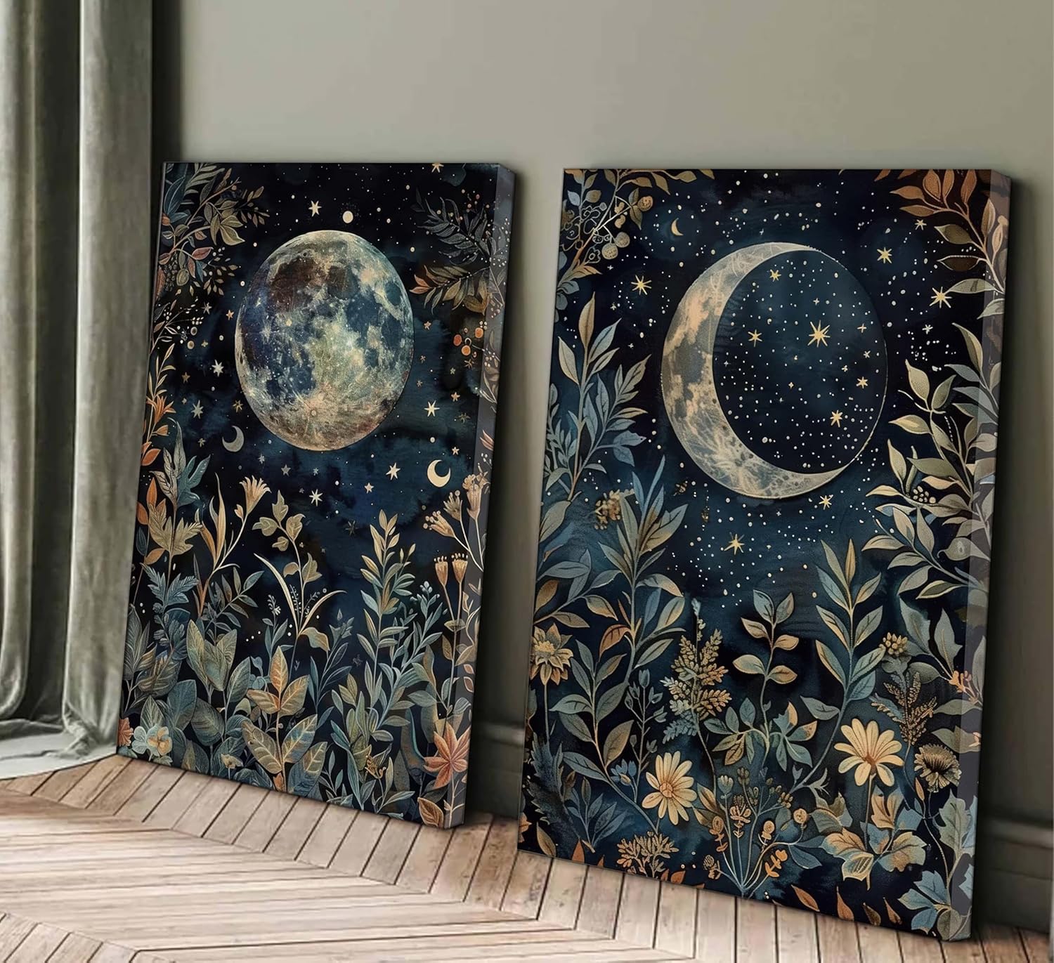 2 Pcs Vintage Celestial Canvas Wall Art Sun and Moon Celestial Botanical Eclipse Botanical Aesthetic Dark Academia Pictures Wall Decor Poster Print Artwork For Living Room Bedroom Home Decoration