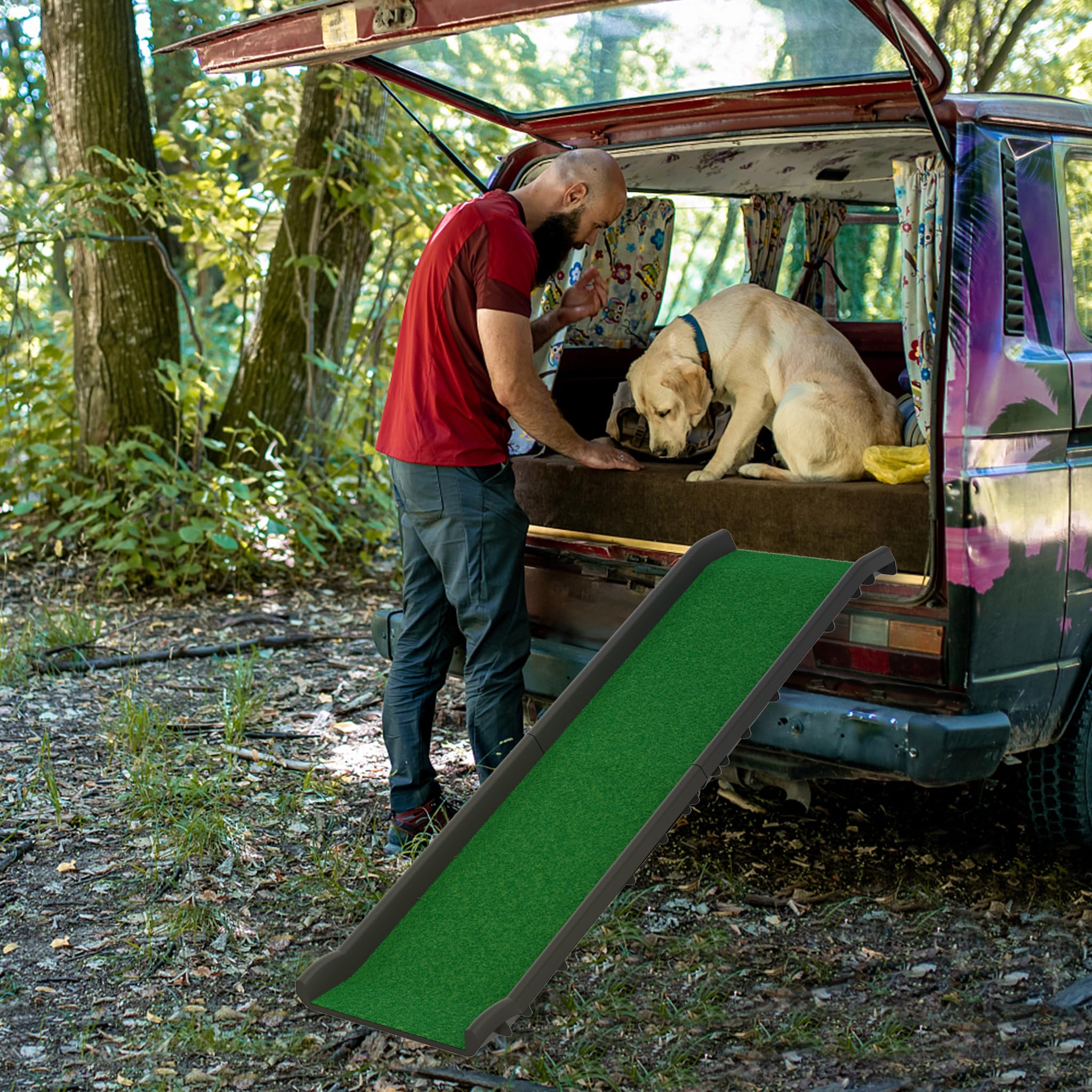 Aufun Klappbare Hunderampe mit Kunstrasen, Robuste Auto Hundetreppe für Haustiere, Anti-Rutsch, Kofferraum Hundeautorampe Einstiegshilfe Haustiertreppe für Große & Kleine, bis 90 kg, 156x40cm, Grün
