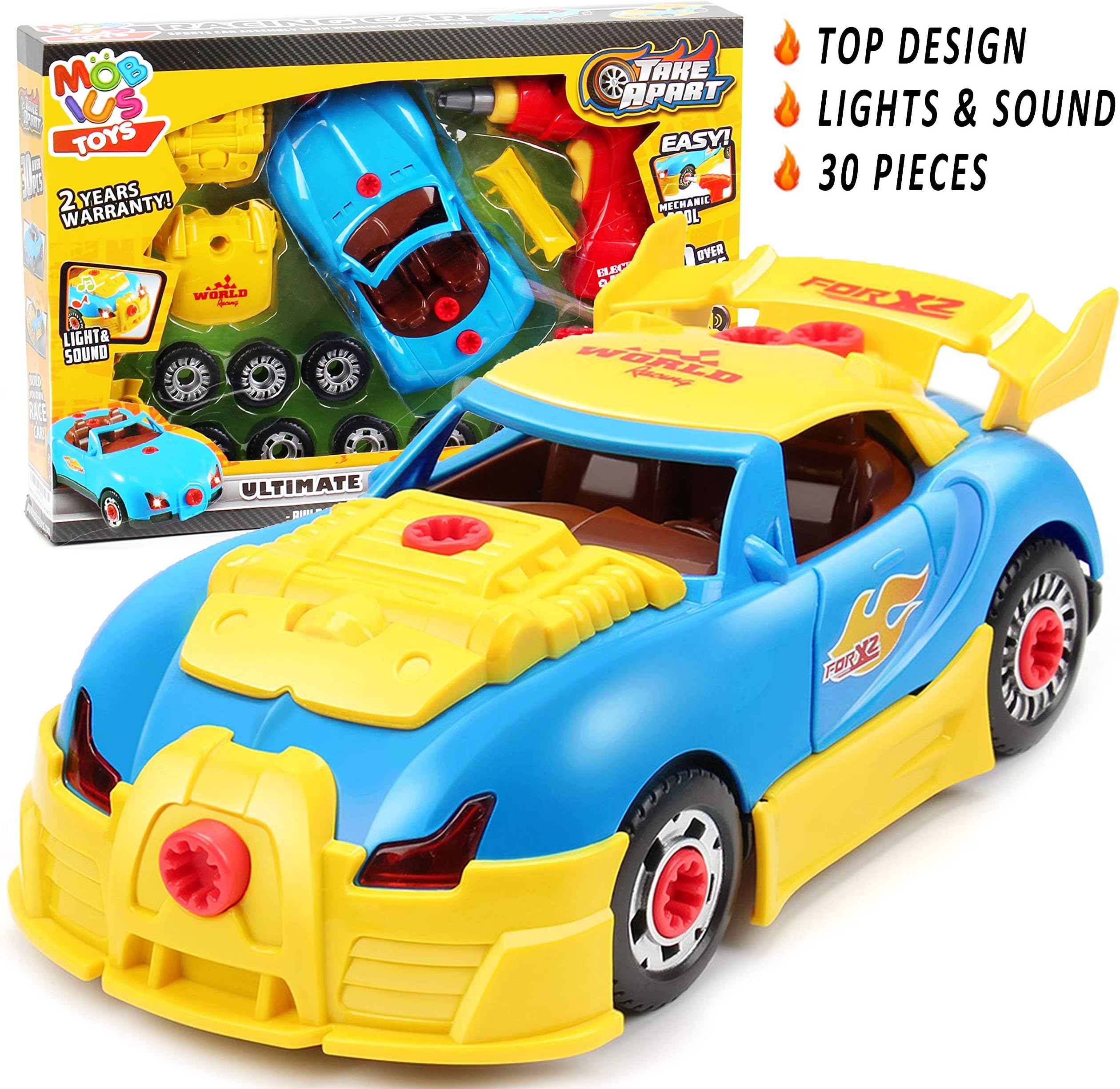 Take Apart Toy Racing Car - 30 Pcs Race Car STEM Car Toys with Drill Tool, Lights and Sounds for Kids - Construction Toy Kit for Boys and Girls Aged 3 4 5 6 7 8 Years Old