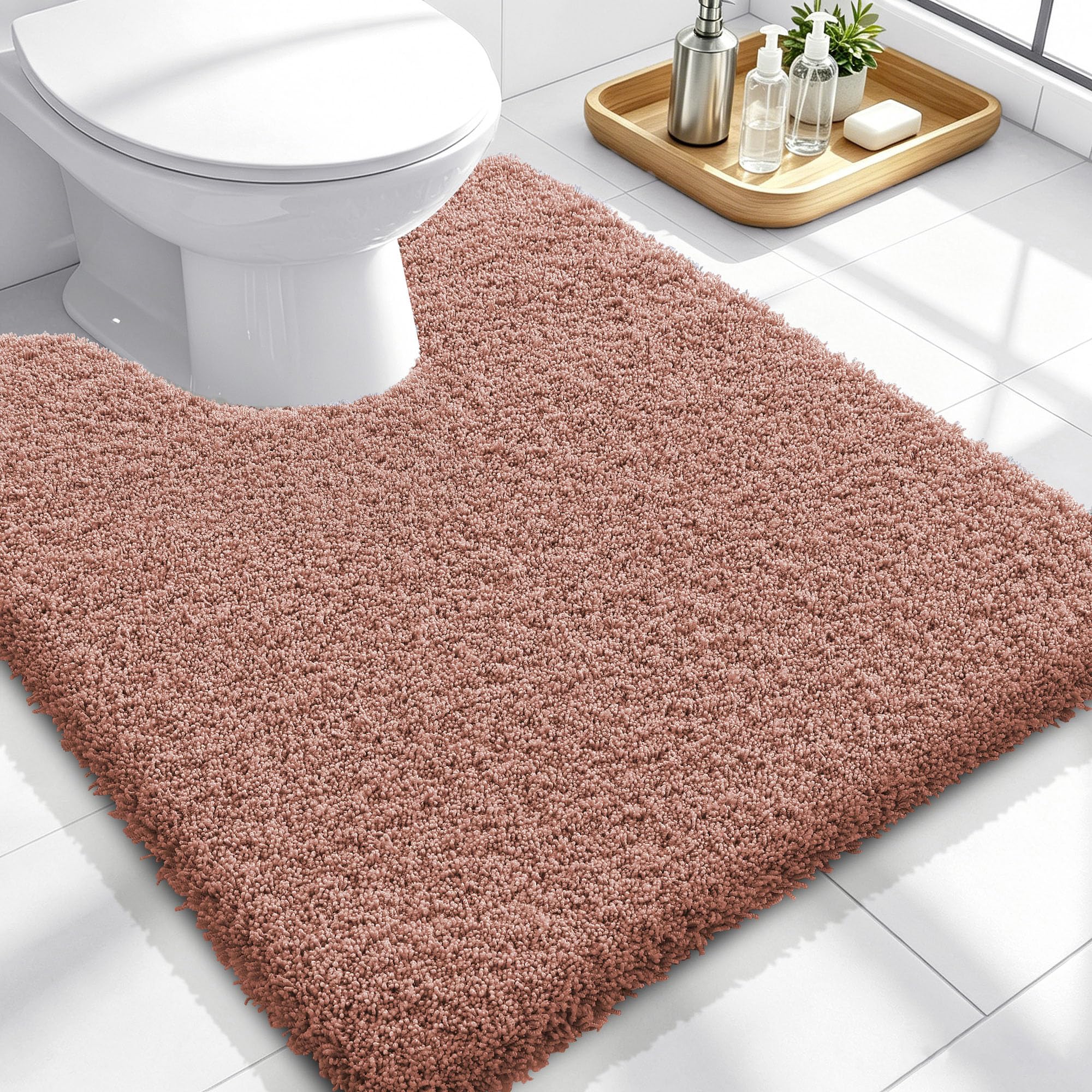 OLANLY Microfiber Bathroom Toilet Rugs U-Shaped 24x20, Soft Bath Mat, Mocha