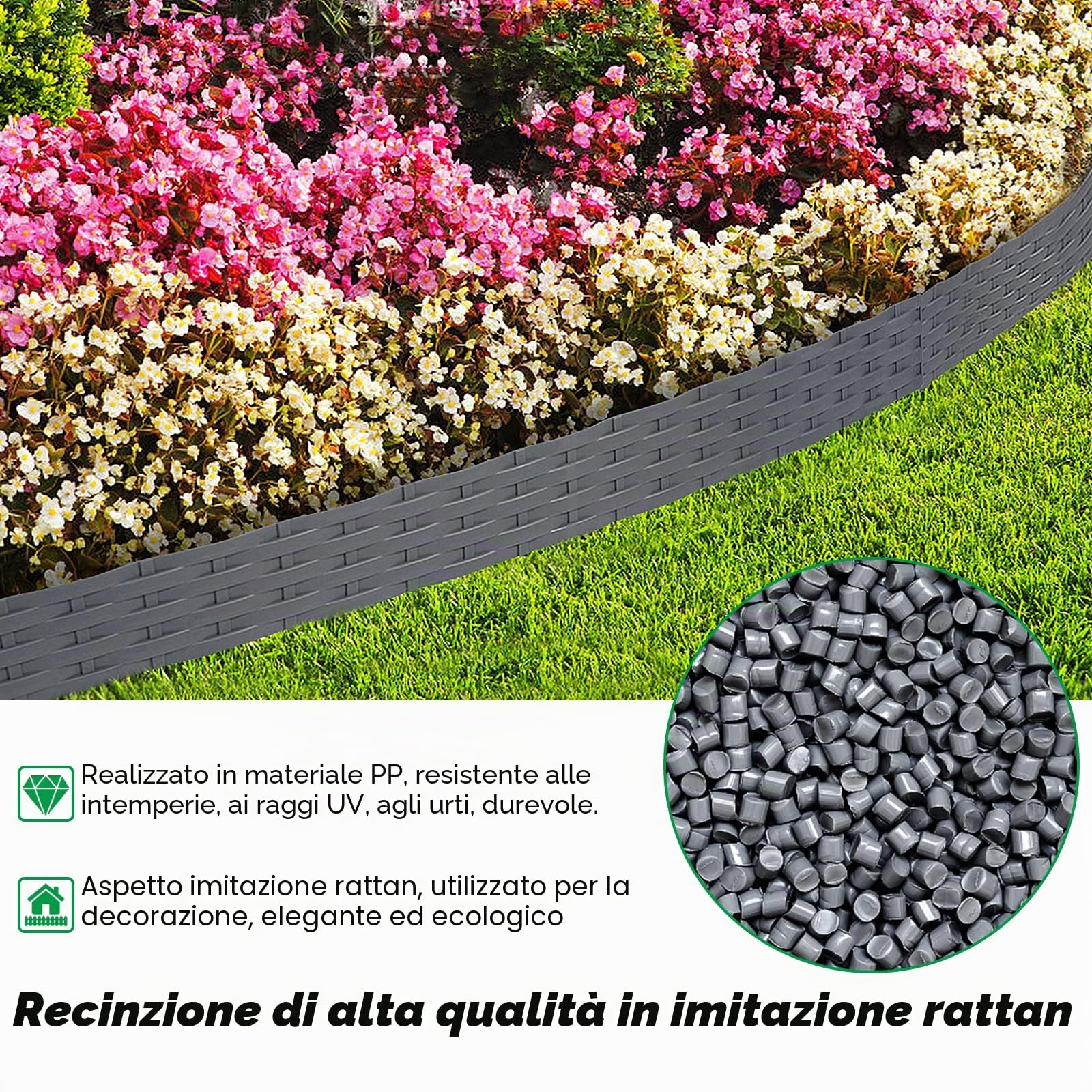 Aufun 10m Bordo Giardino con 10 elementi da 100 cm ciascuno, plastica flessibile, Recinzione Prato Bordatura per Aiuole Palizzata Orto Piante (Antracite)