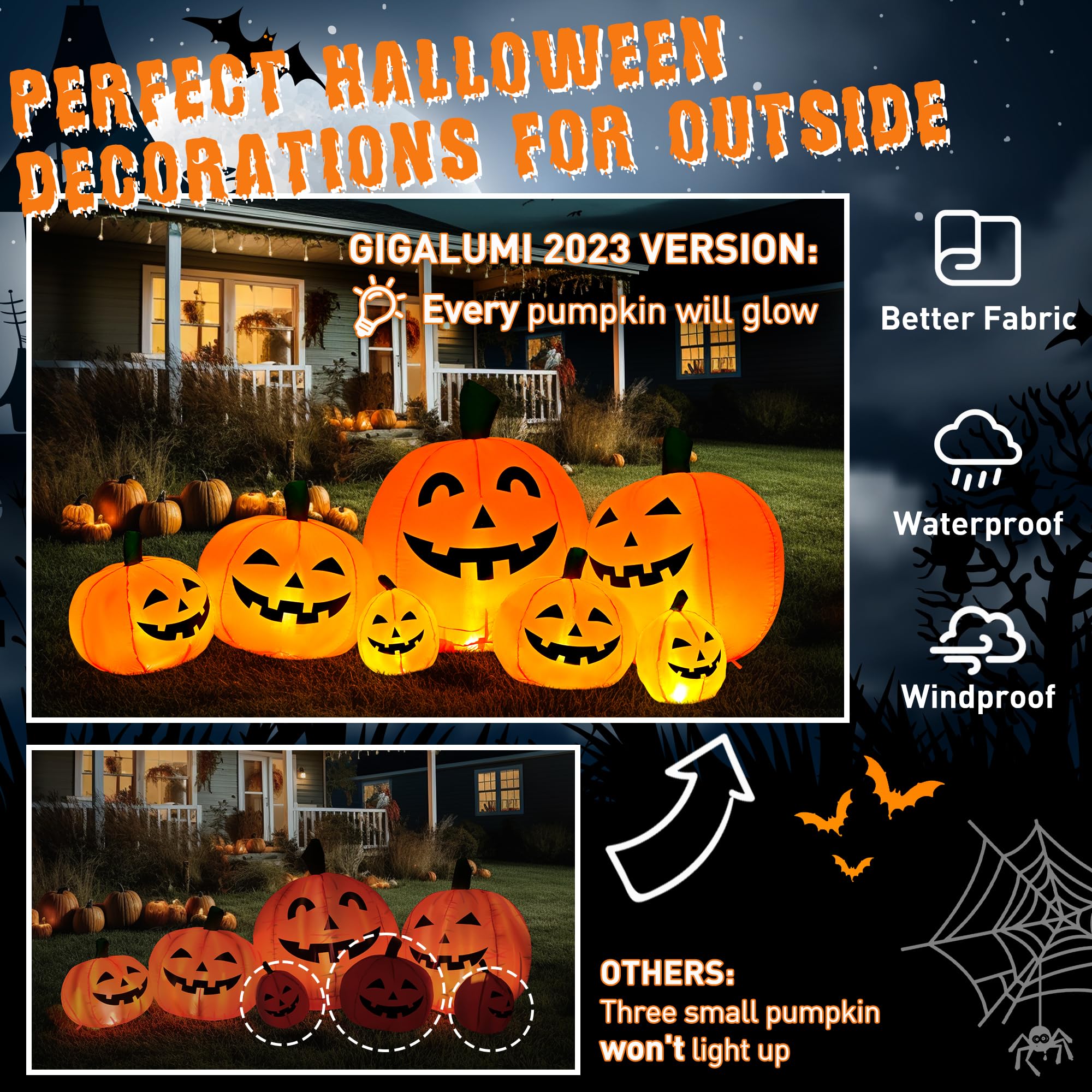 Solpex Halloween Deko, Halloween Inflatable Pumpkin Decoration, 240cm/8FT, 7 Pumpkin Set with 21 LED Lighting for Party, Garden, Lawn, Yard Decoration (Orange & White)