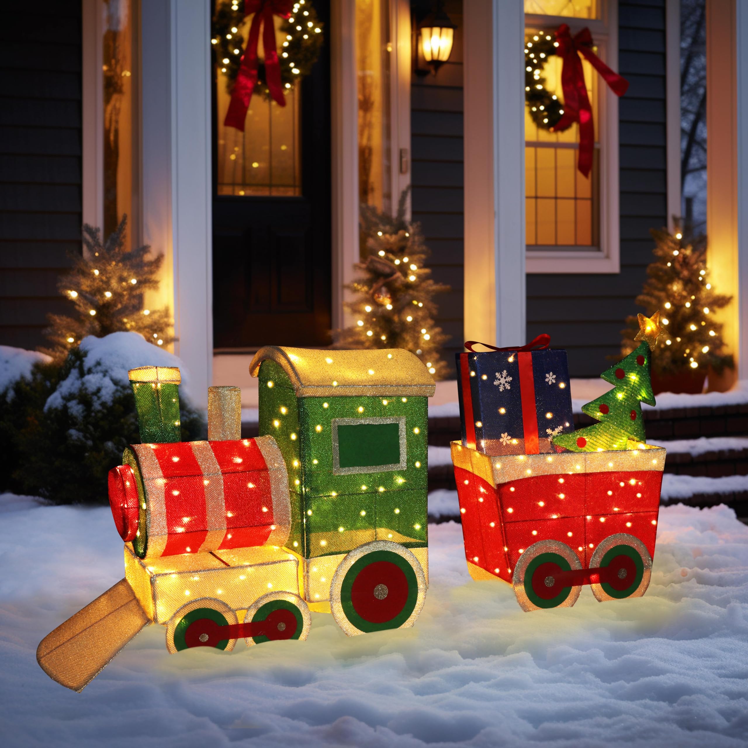 (Similar) 5FT Light-Up Train Set with Christmas Tree and Gift Box, 3D Pre-Lit Christmas Train with 170 LED Lights for Decoration, Freestanding Glittered Holiday Display for Outdoor, Indoor